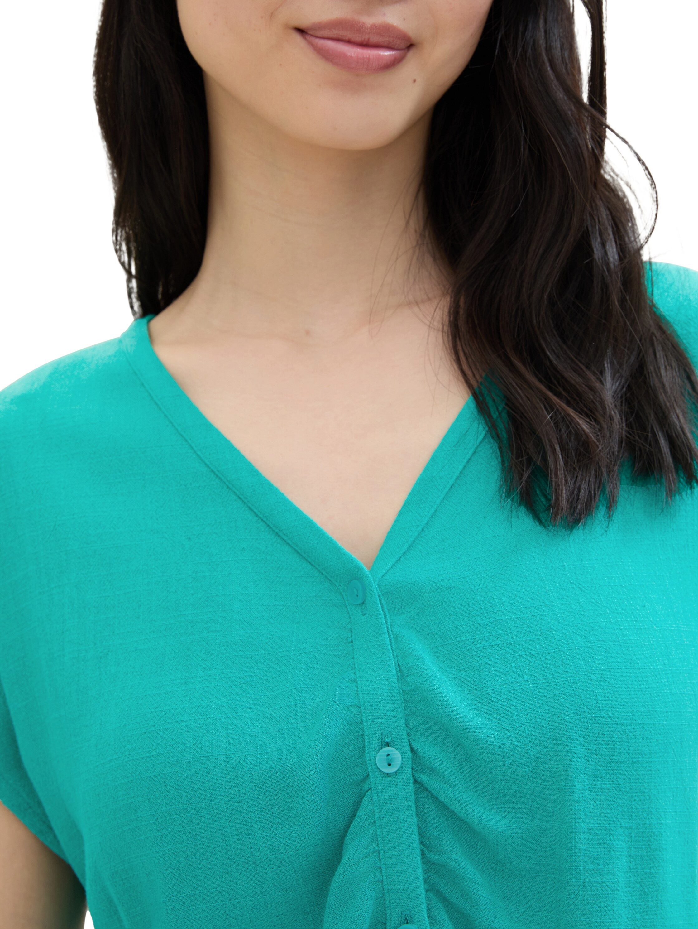 Tom Tailor Denim Blouse met korte mouwen met knoopsluiting en plooi