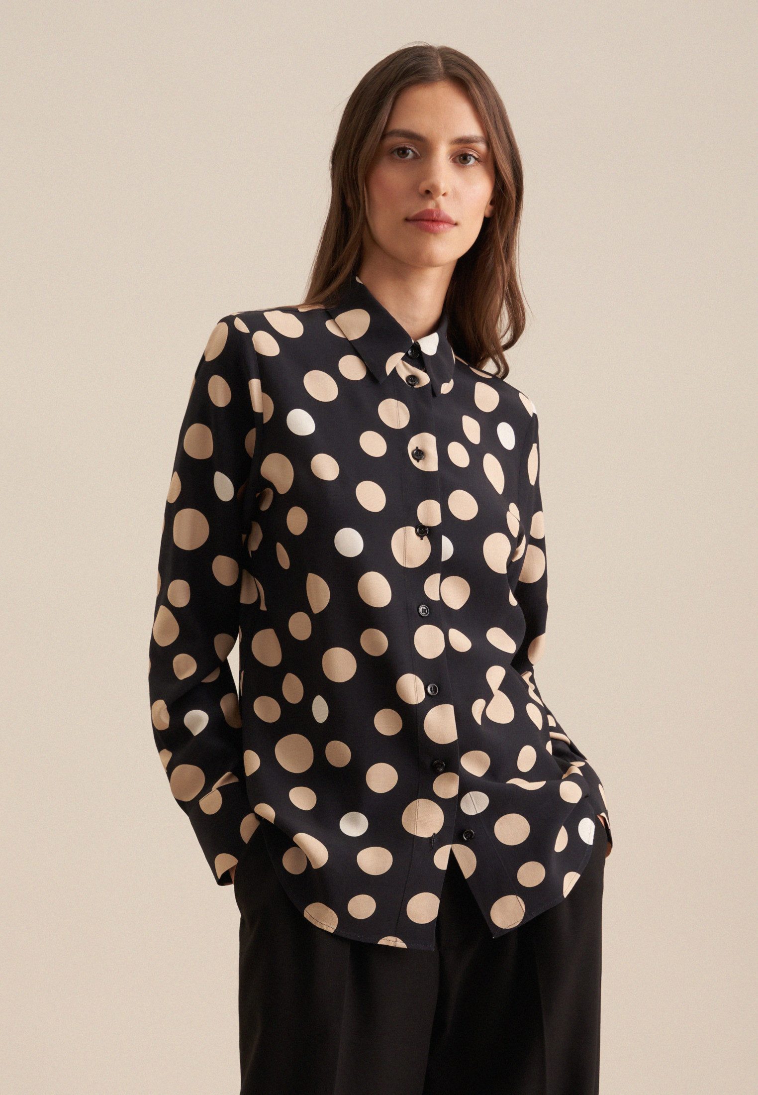 seidensticker Overhemdblouse Zwarte roos Lange mouwen kraag print dames lange blouses maat XS (34) zwart