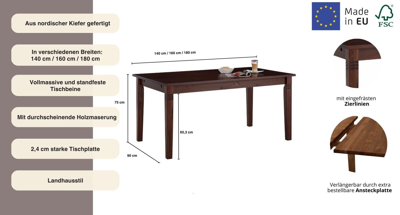 Home affaire Eettafel Danuta keuze met lade, van massief grenen, fsc®-gecertificeerd