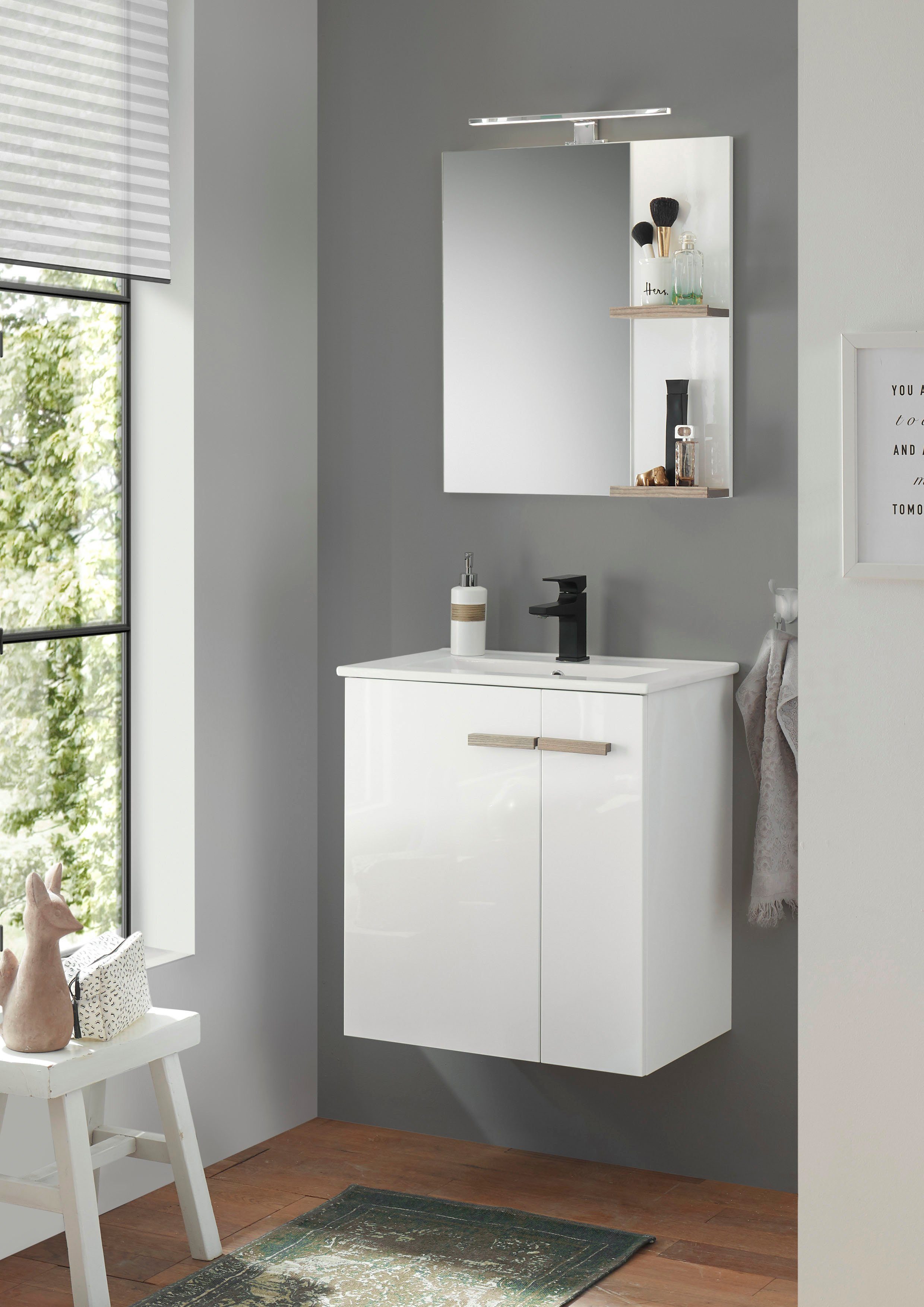 Places of Style Badkamerserie SOLiD, Badmöbel-Set, Bad im modernen Design, 2-teiliges Badezimmer Breedte 60 cm, wastafelonderkast met inbouw-wasbak, spiegel, opbouwarmatuur (2-delig)