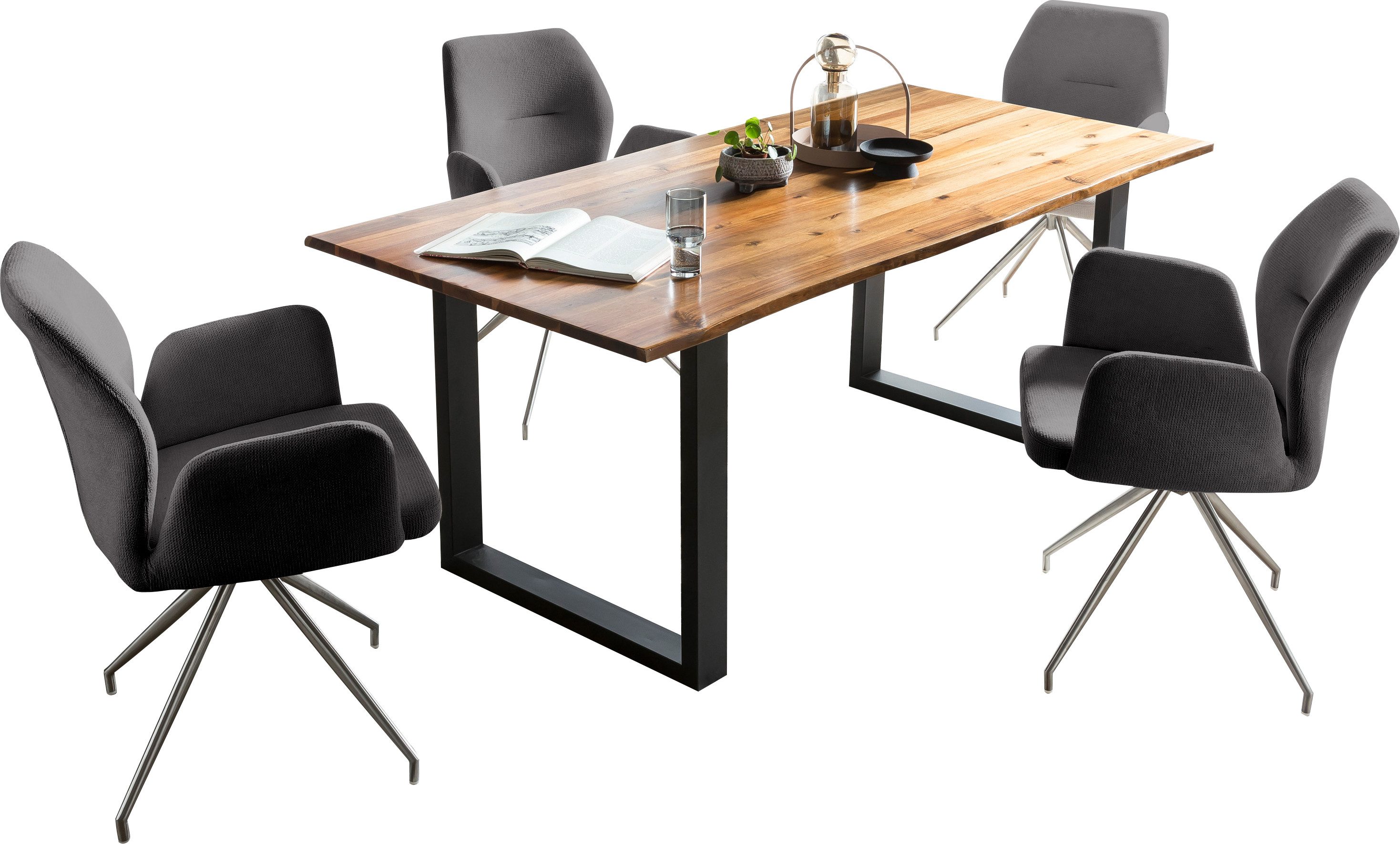 SalesFever Eethoek Stijlvolle tafelgroep 5-delige set: tafelblad met boomrand, roestvrij stalen frame (set, 5-delig)