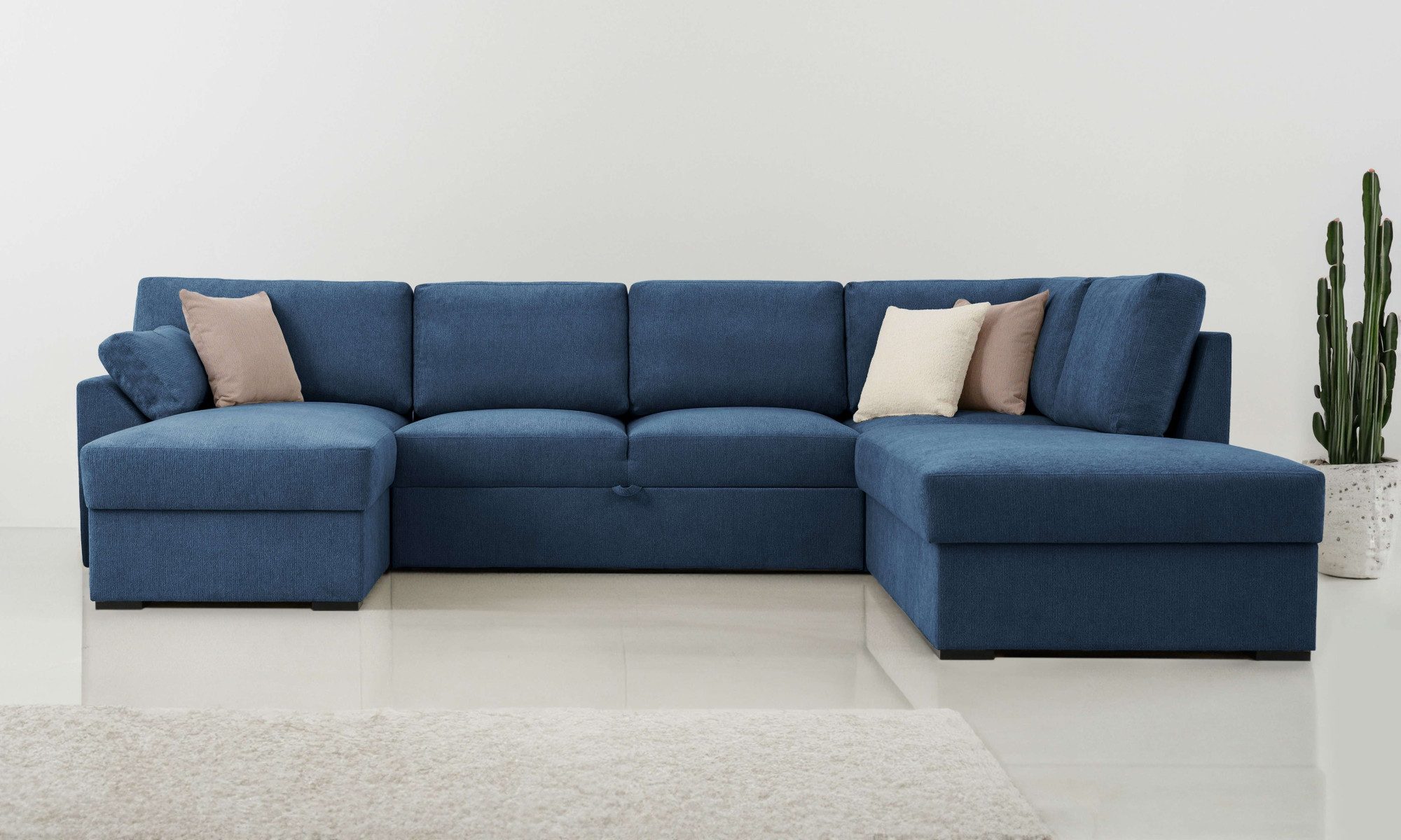 Home affaire Zithoek Citry Breedte 309 cm, chenille, bedfunctie, bedlade, U-vorm blauw, zithoeken, Ottomane rechts