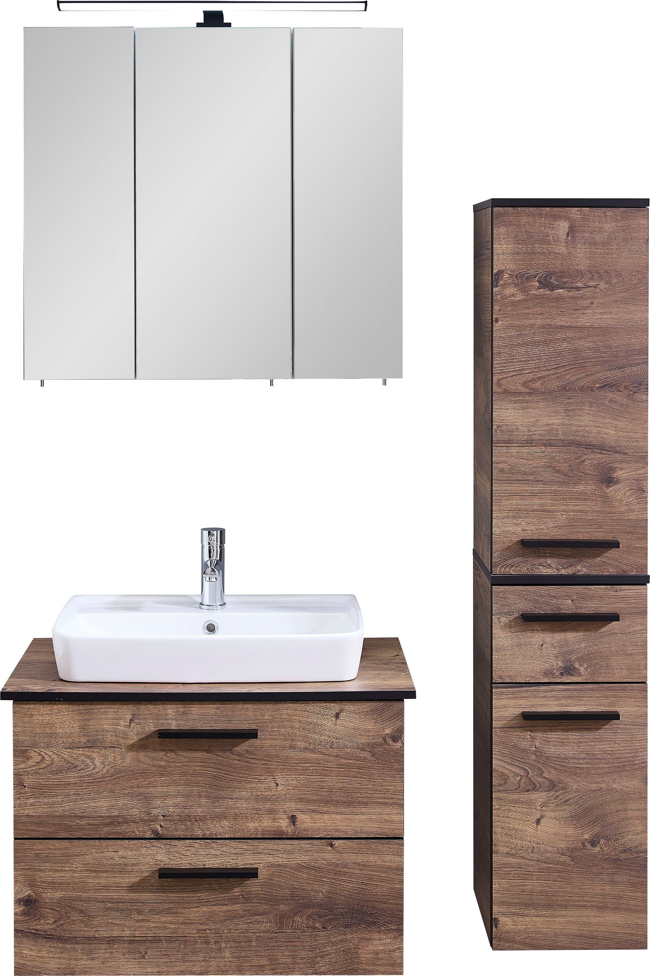 Saphir Badkamerserie Quickset 374 3-delig, keramisch wastafelblad en LED spiegelkast Halfhoge kast, inclusief deurdemper, 5 deuren, 3 laden, badkameraccessoire-set (6-delig)
