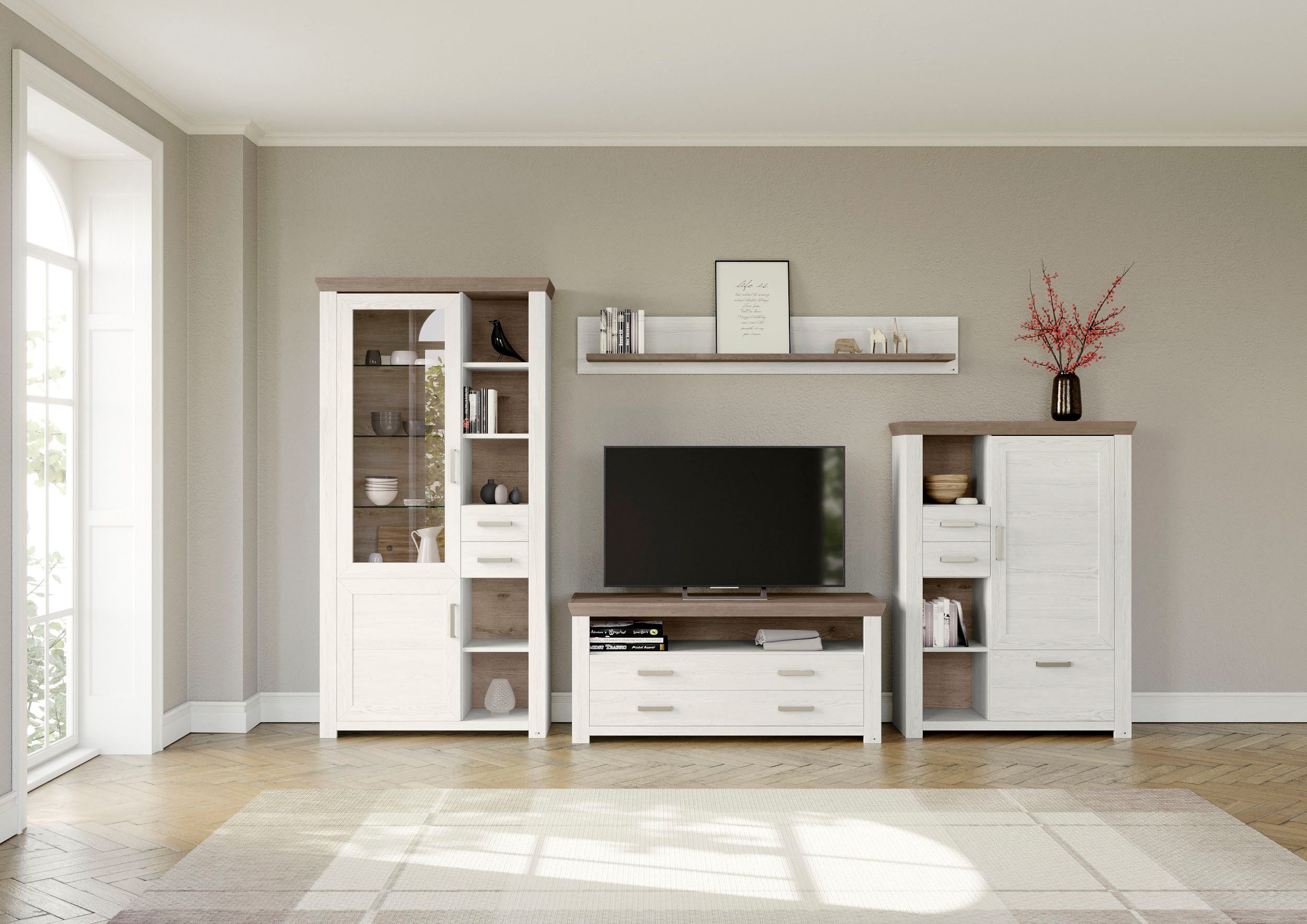 set one by Musterring Wandmeubel York Combinatie met 4 delen, in 3 kleurvarianten, totale breedte 370 cm (4-delig) tv-wandmeubels wit