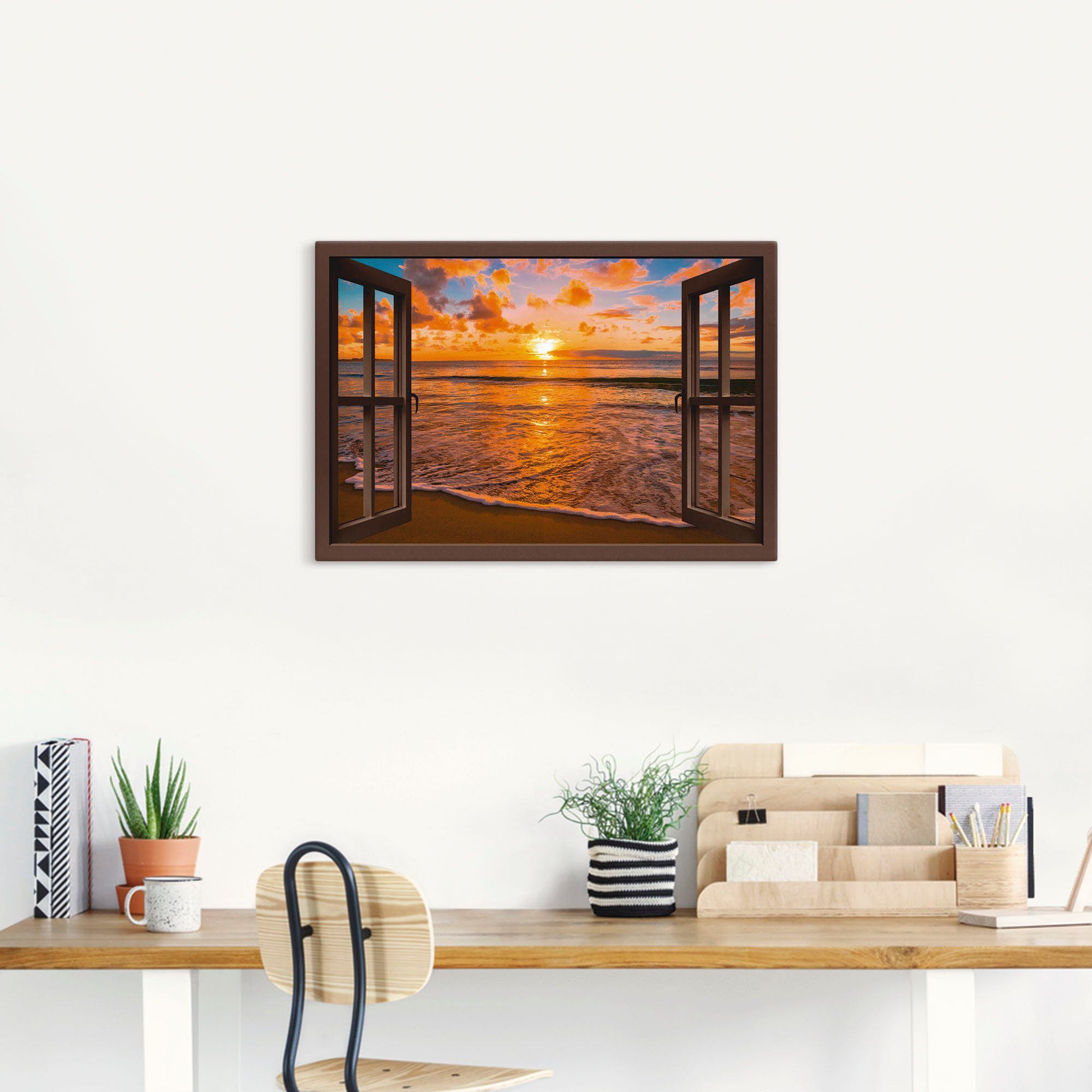 Artland Artprint Blik uit het venster zonsondergang aan het strand als artprint op linnen, poster, muursticker in verschillende maten