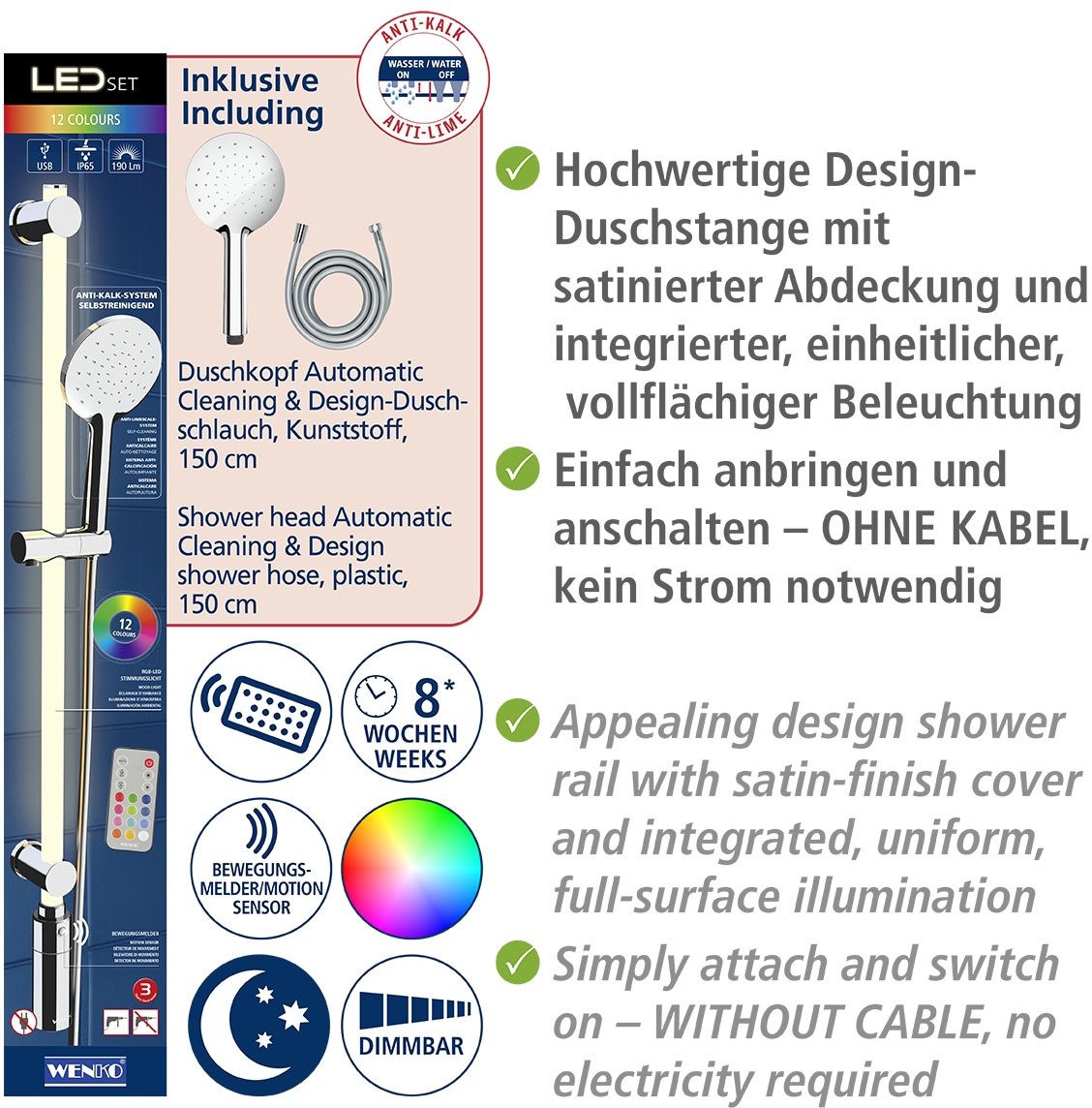 WENKO Douchestang-set Douchestang met ledverlichting met douchekop en doucheslang, inclusief oplaadbare eenheid (3-delig)