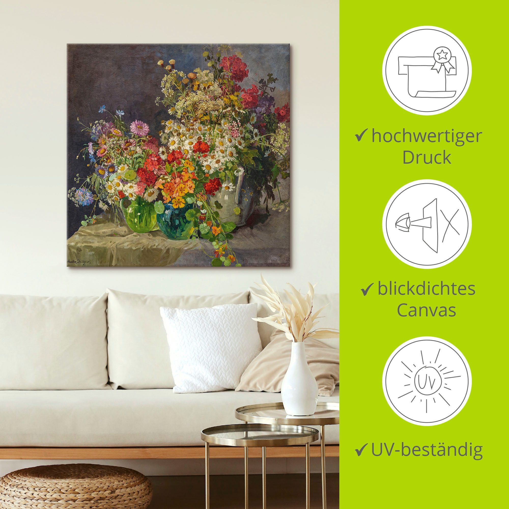Artland Artprint op linnen Stilleven met weidebloemen in kruiken.