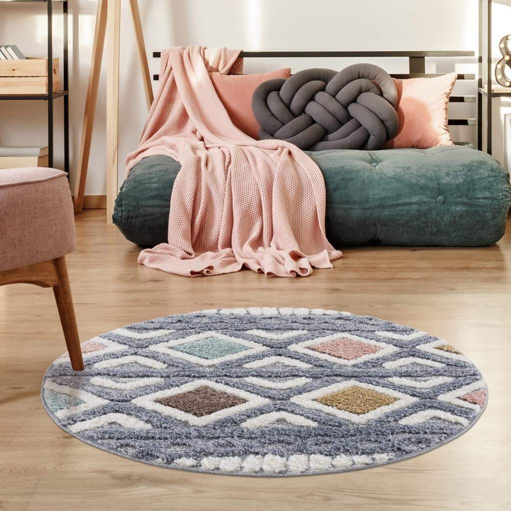 Carpet City Hoogpolig vloerkleed Focus 3382 Boho-tapijt, hoog-laag patroon / 3D-effect, voor woonkamer, slaapkamer moderne vloerkleden maat Ø 120 cm