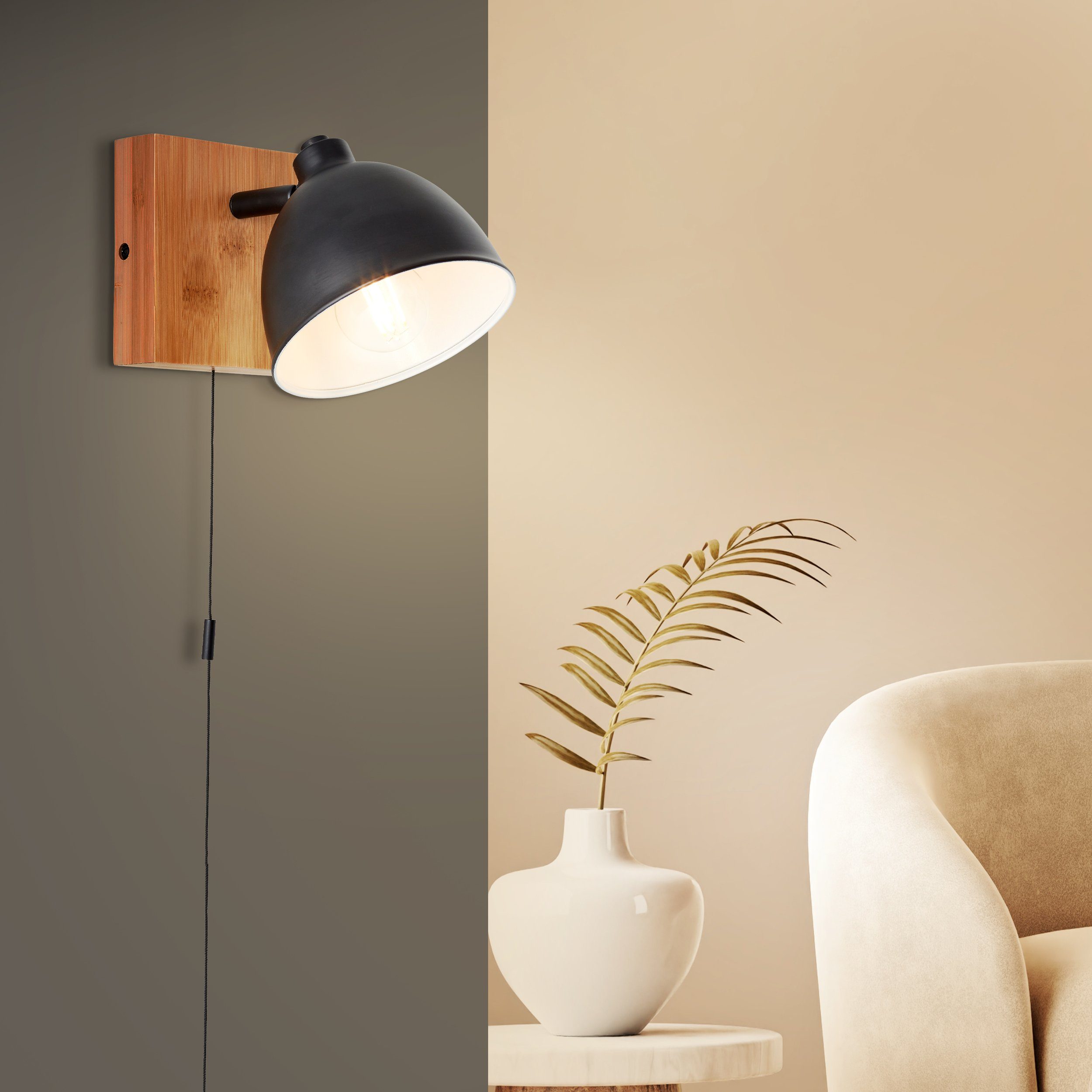 Brilliant Leuchten Wandlamp Celia Hoogte 13 cm, E14, metaal/bamboe, mat zwart/bamboe