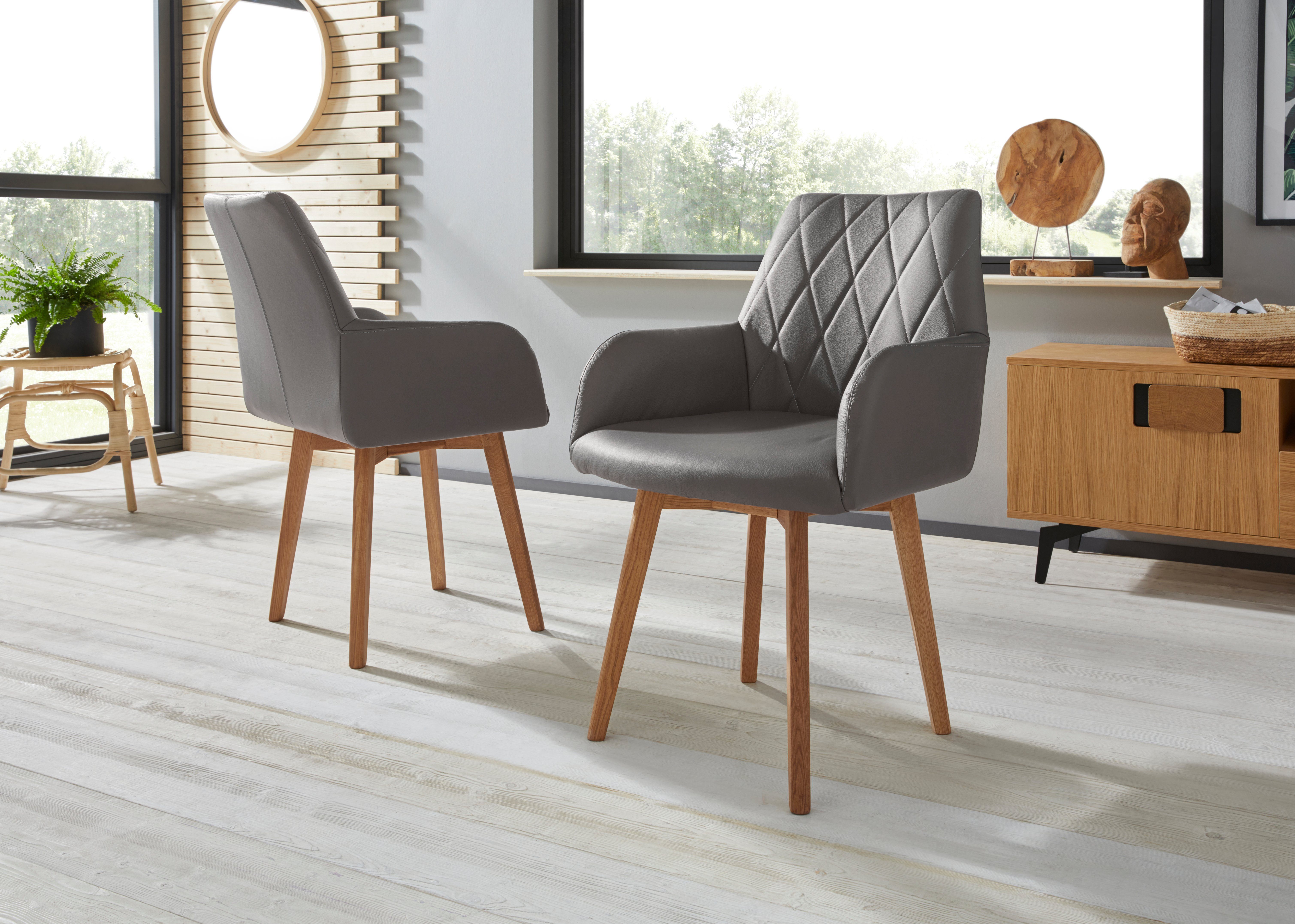Home affaire Eetkamerstoel Brest Fauteuil in leer of microvezel, geolied massief eiken frame (2 stuks) 4 poot stoelen grijs