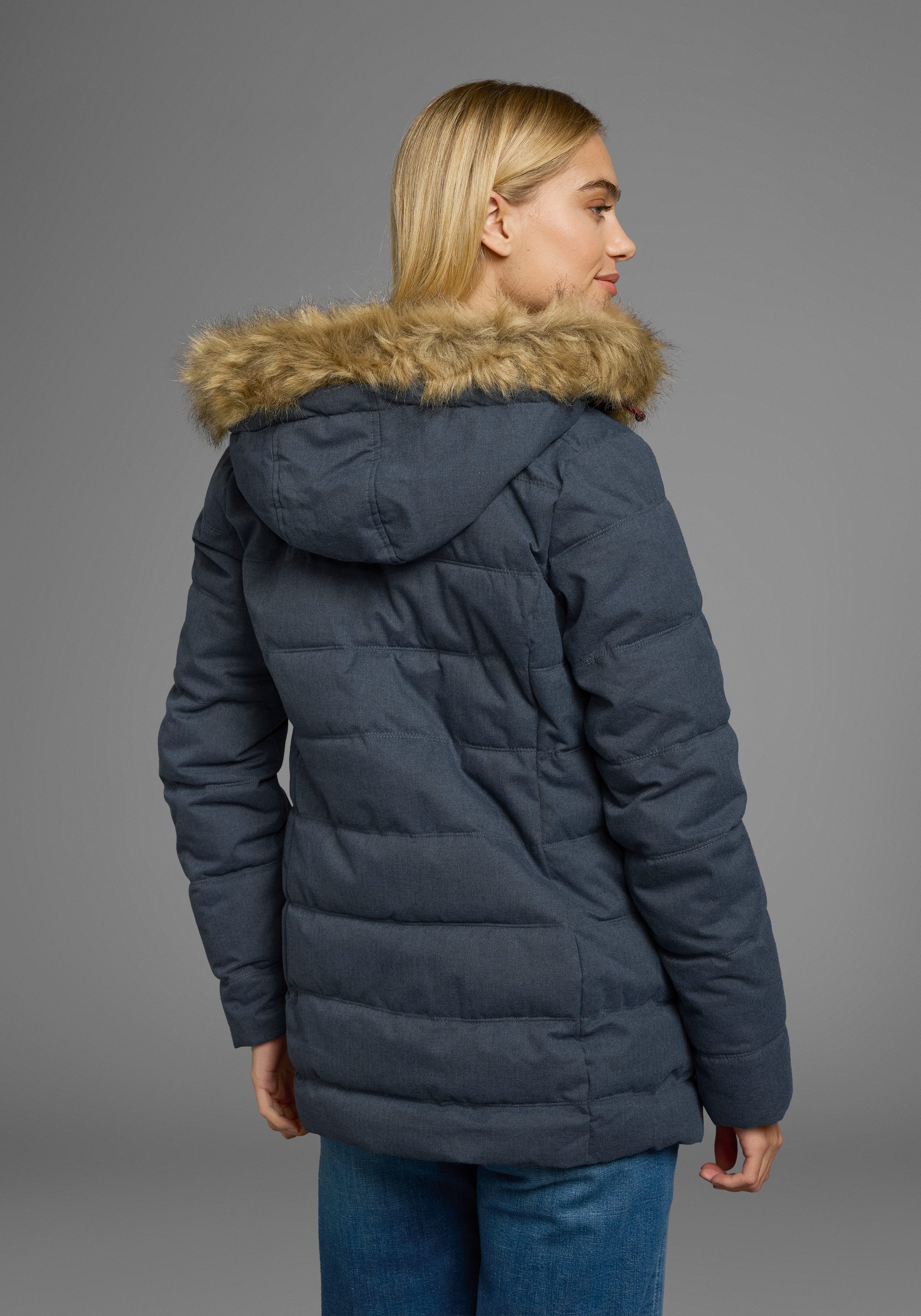 Polarino Gewatteerde jas met afneembare capuchon, met faux fur, veel zakken