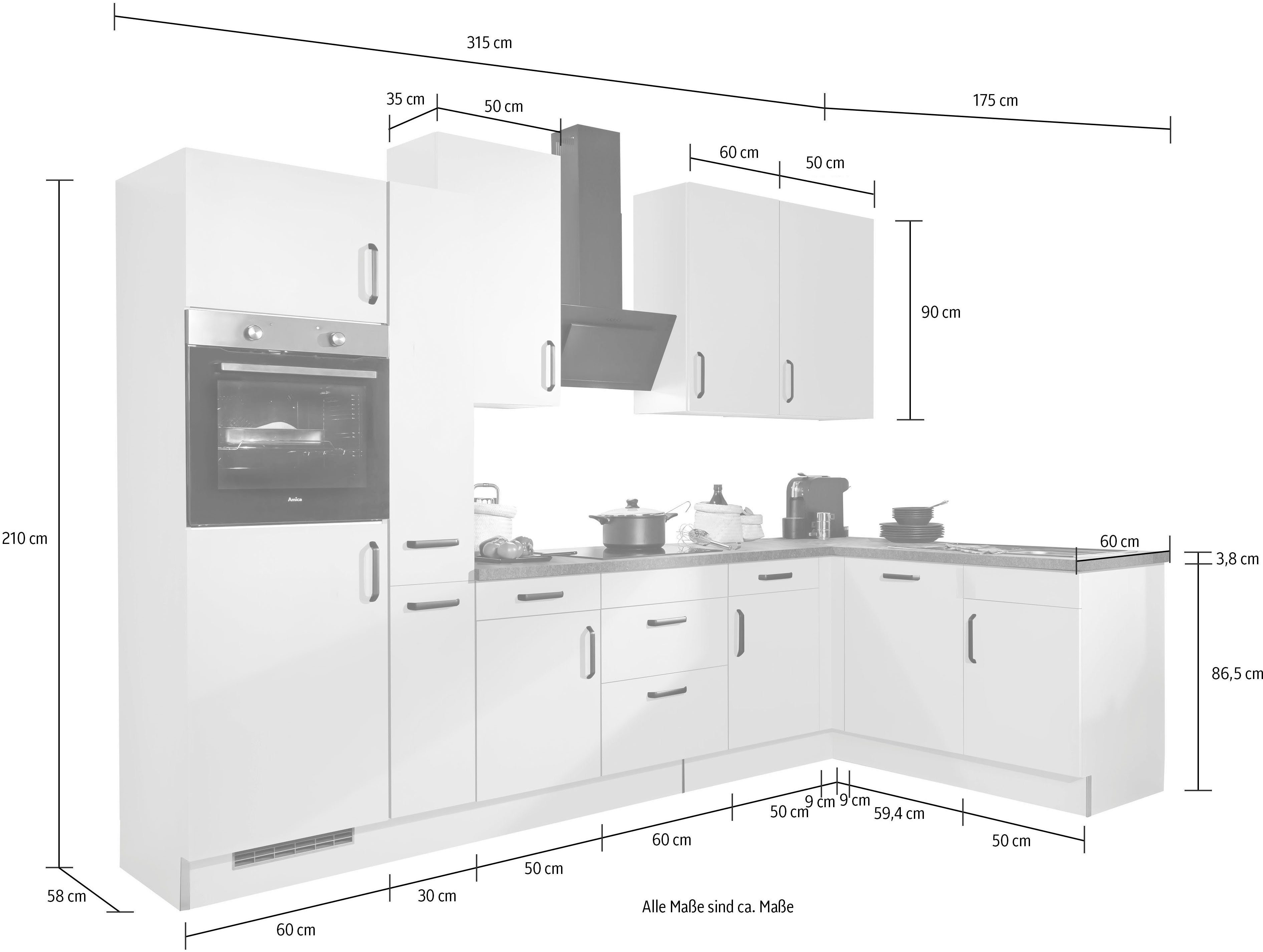 wiho Küchen Hoekkeuken "Simi", met verstelbare voeten, optioneel met elektrische apparaten Soft-close functie in lades & uittrekelementen, opstelbreedte 315/175 cm