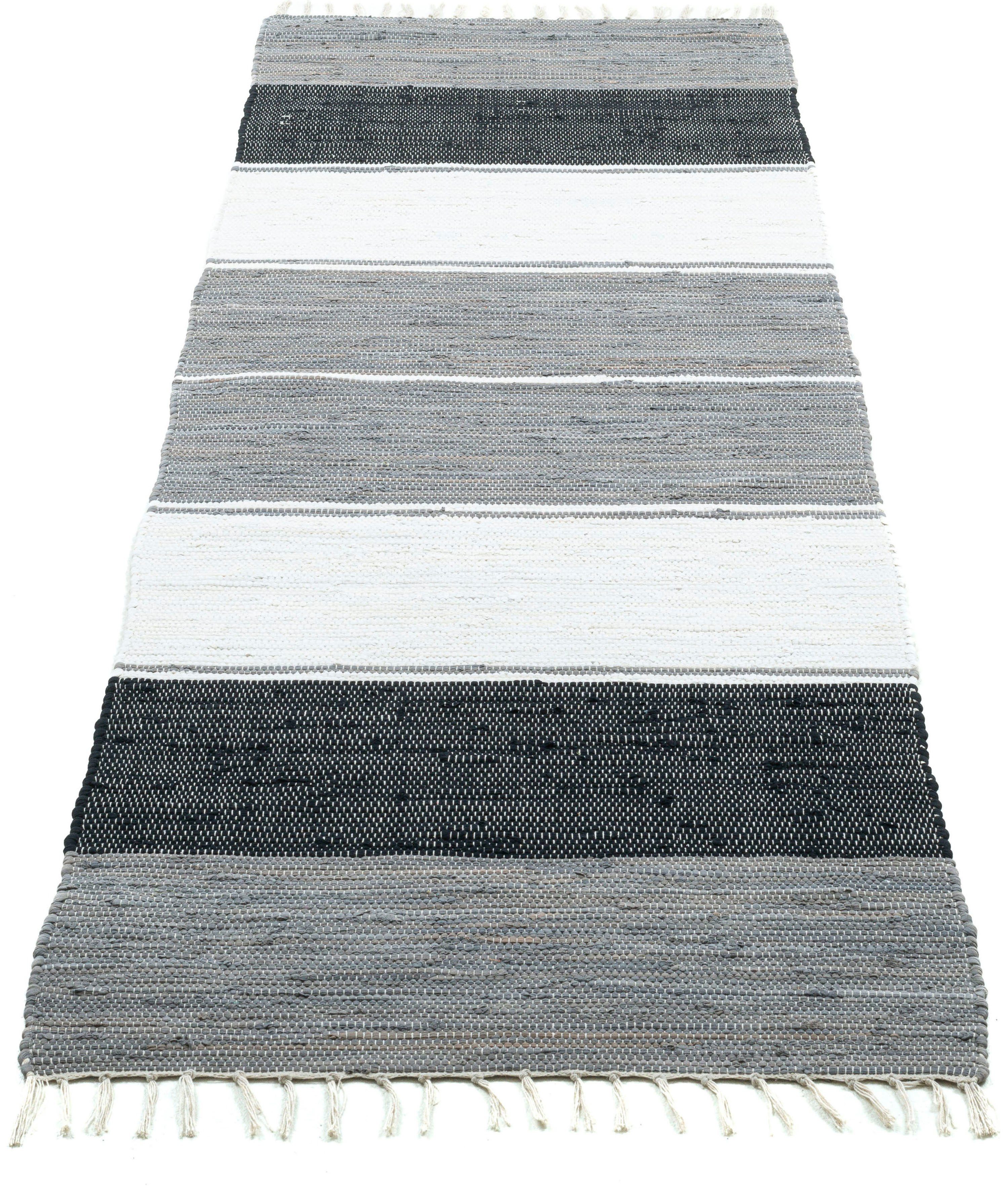 THEKO Loper Stripe Cotton Handgeweven platweefsel, puur katoen, met de hand geweven, met franje lopers maat 90 cm x 160 cm x 5 mm zwart
