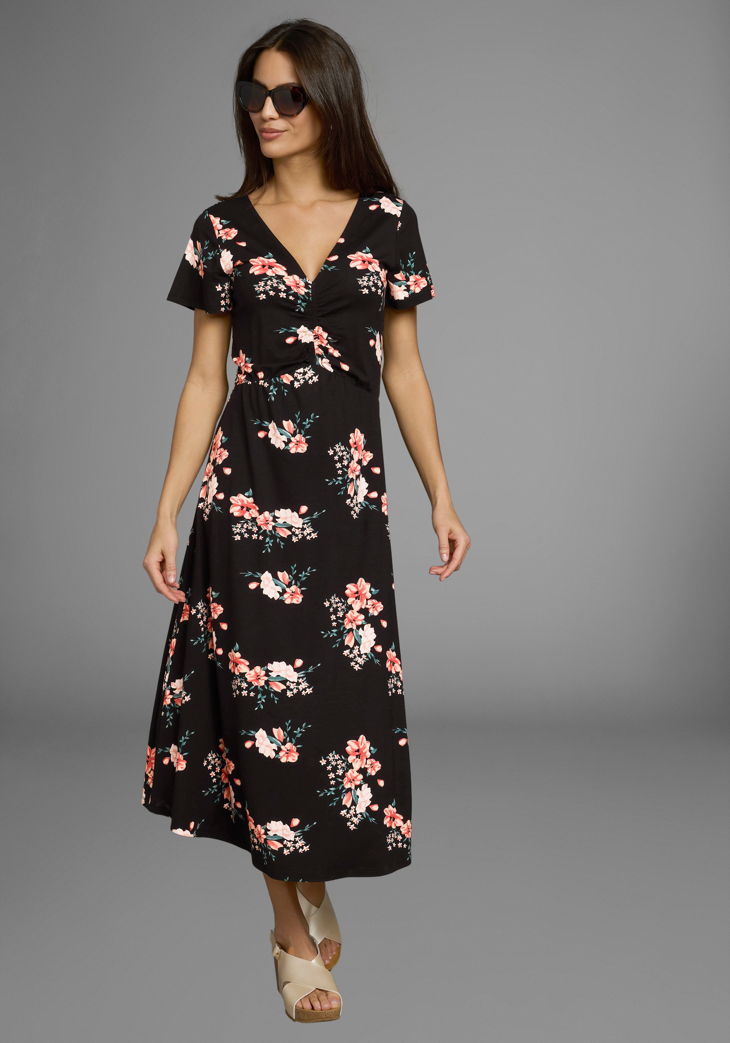 Laura Scott Midi-jurk met romantische bloemenprint en rimpeling - nieuwe collectie