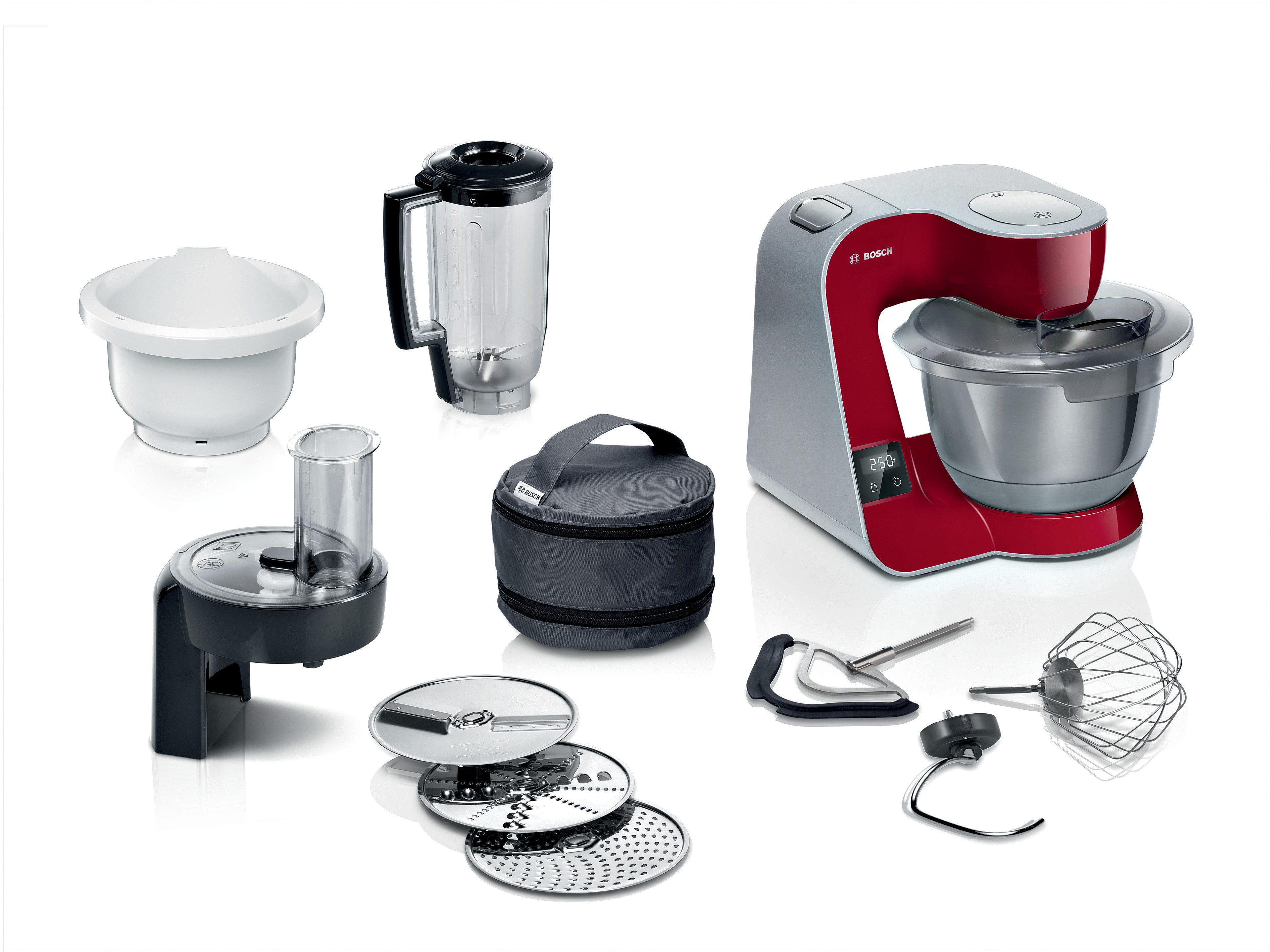 BOSCH Keukenmachine Serie 4 MUM5X734, geïntegreerde weegschaal, doorloopsnijder, mixer, rood