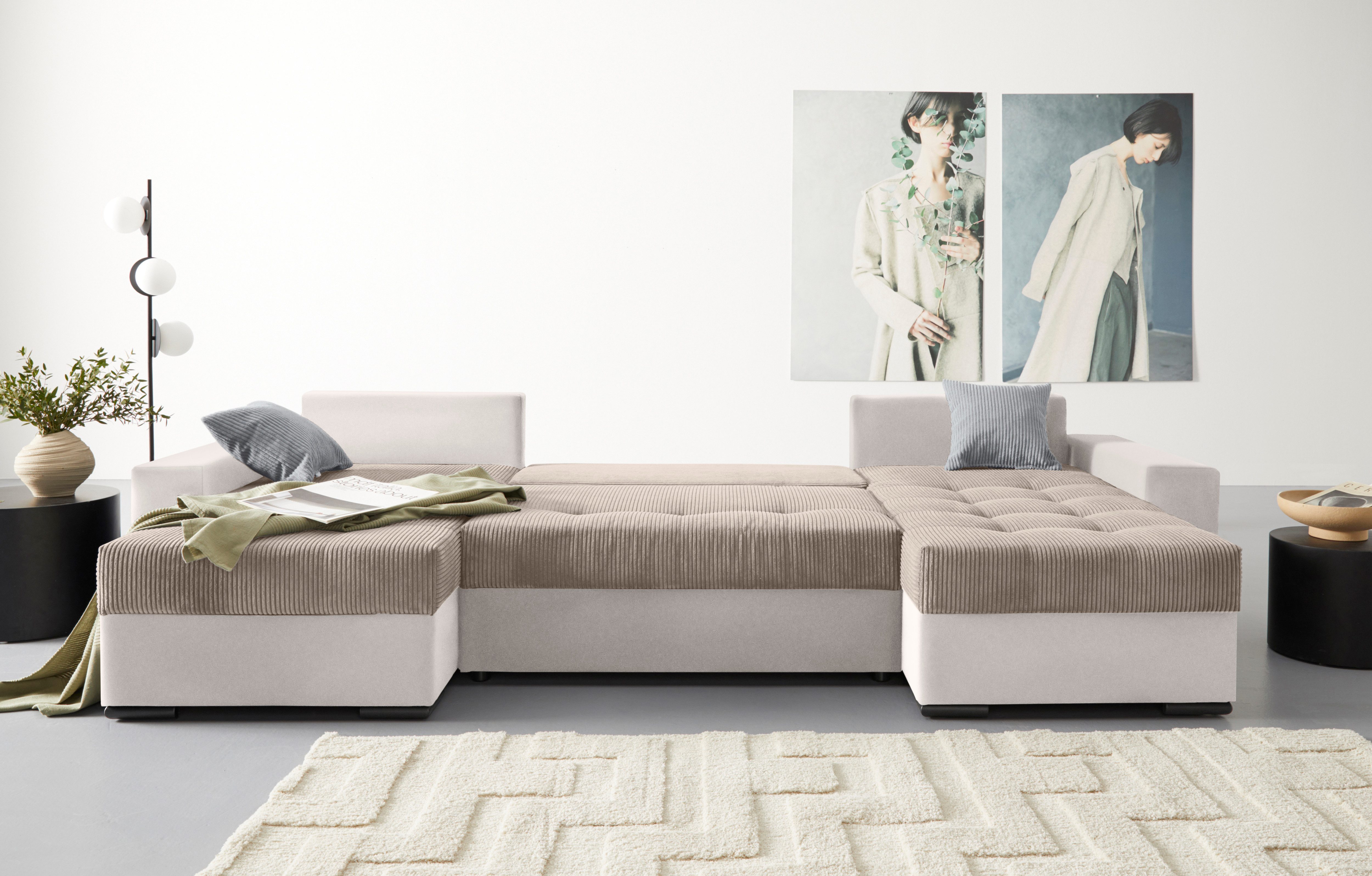 COLLECTION AB Zithoek XL-Josy U-vorm, breedte 313 cm, cord-/mix incl. bedfunctie, bedlade, met 4 gelijk grote rugkussens