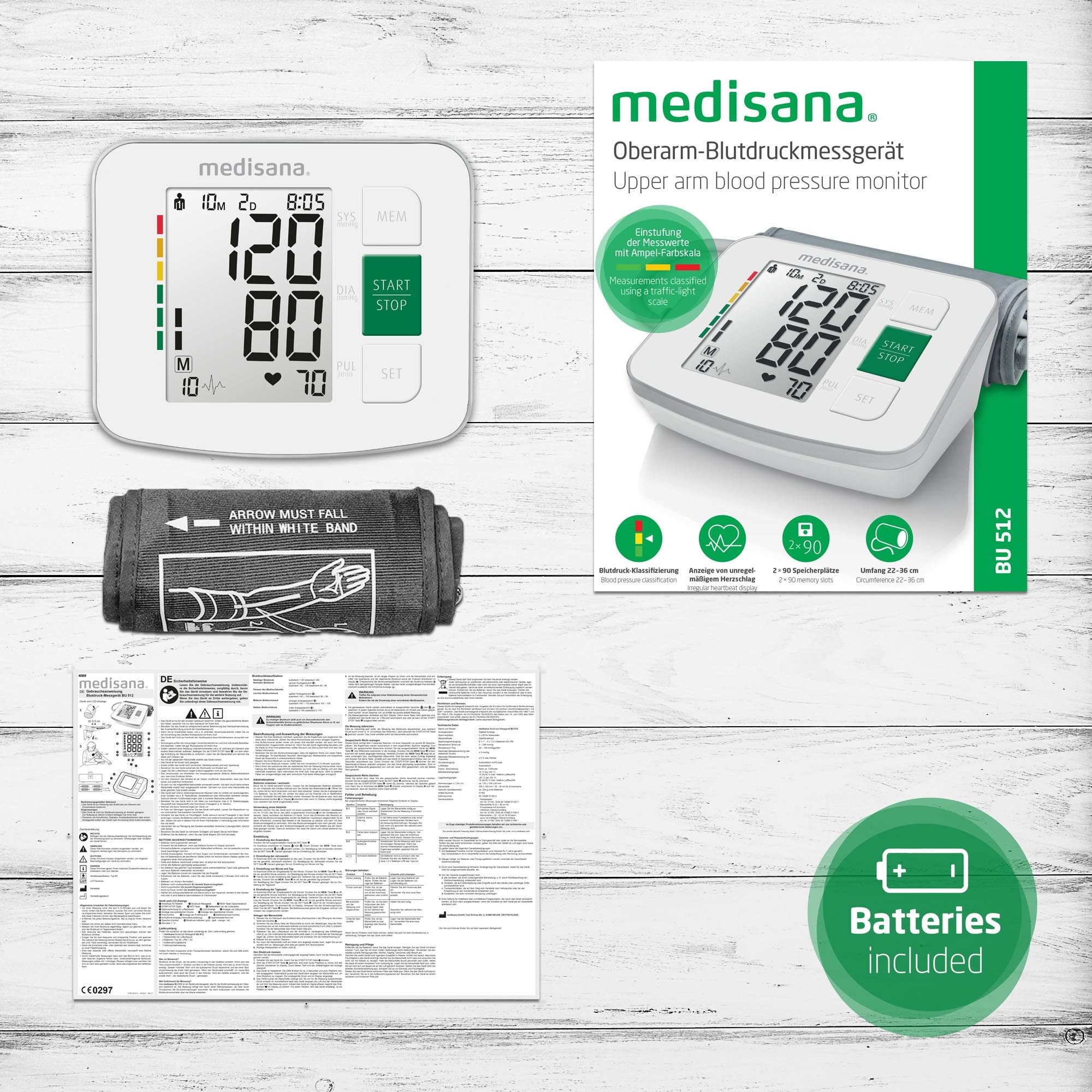 Medisana Bovenarm-bloeddrukmeter BU 512 onregelmatige hartslagweergave, elk 90 geheugenplaatsen, grote cijfers