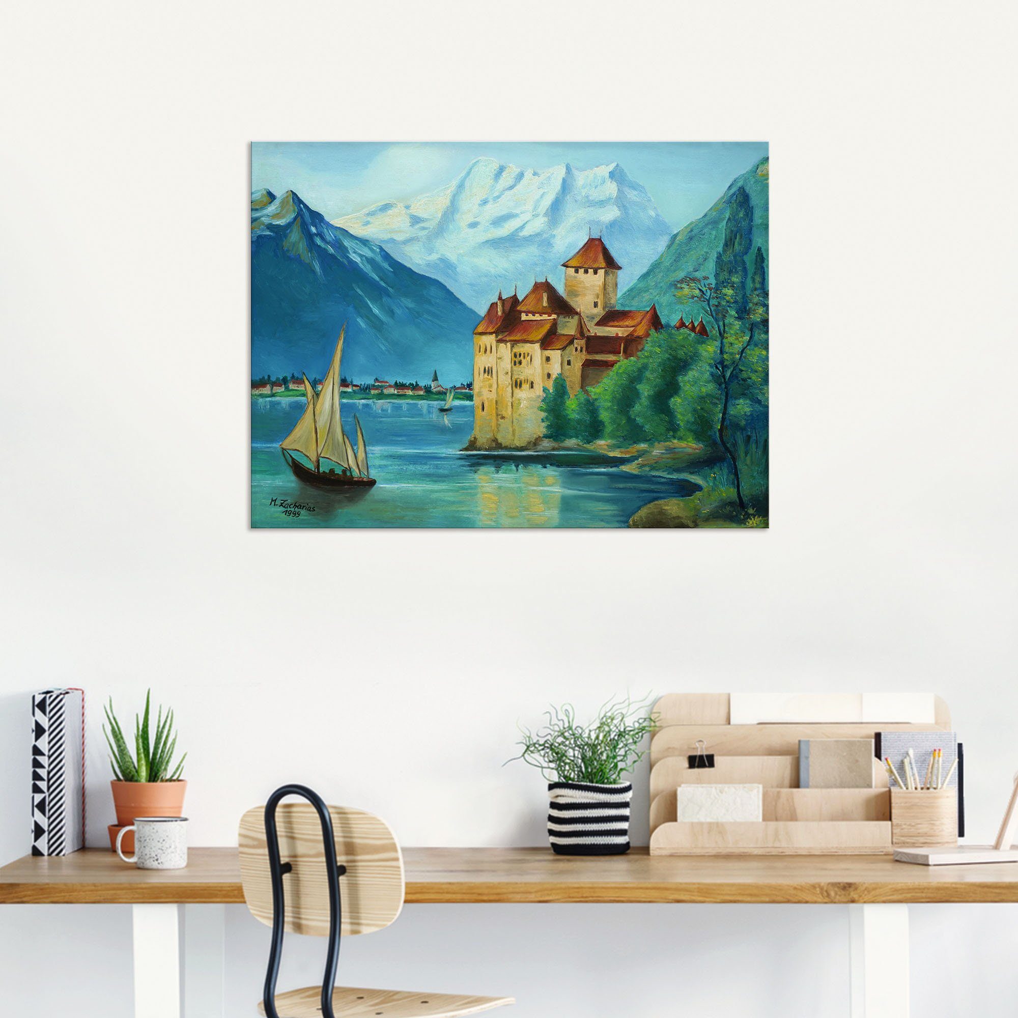 Artland Aluminium dibond print Kasteel Chillon aan het Meer van Genève geschikt voor binnen en buiten, buitenafbeelding
