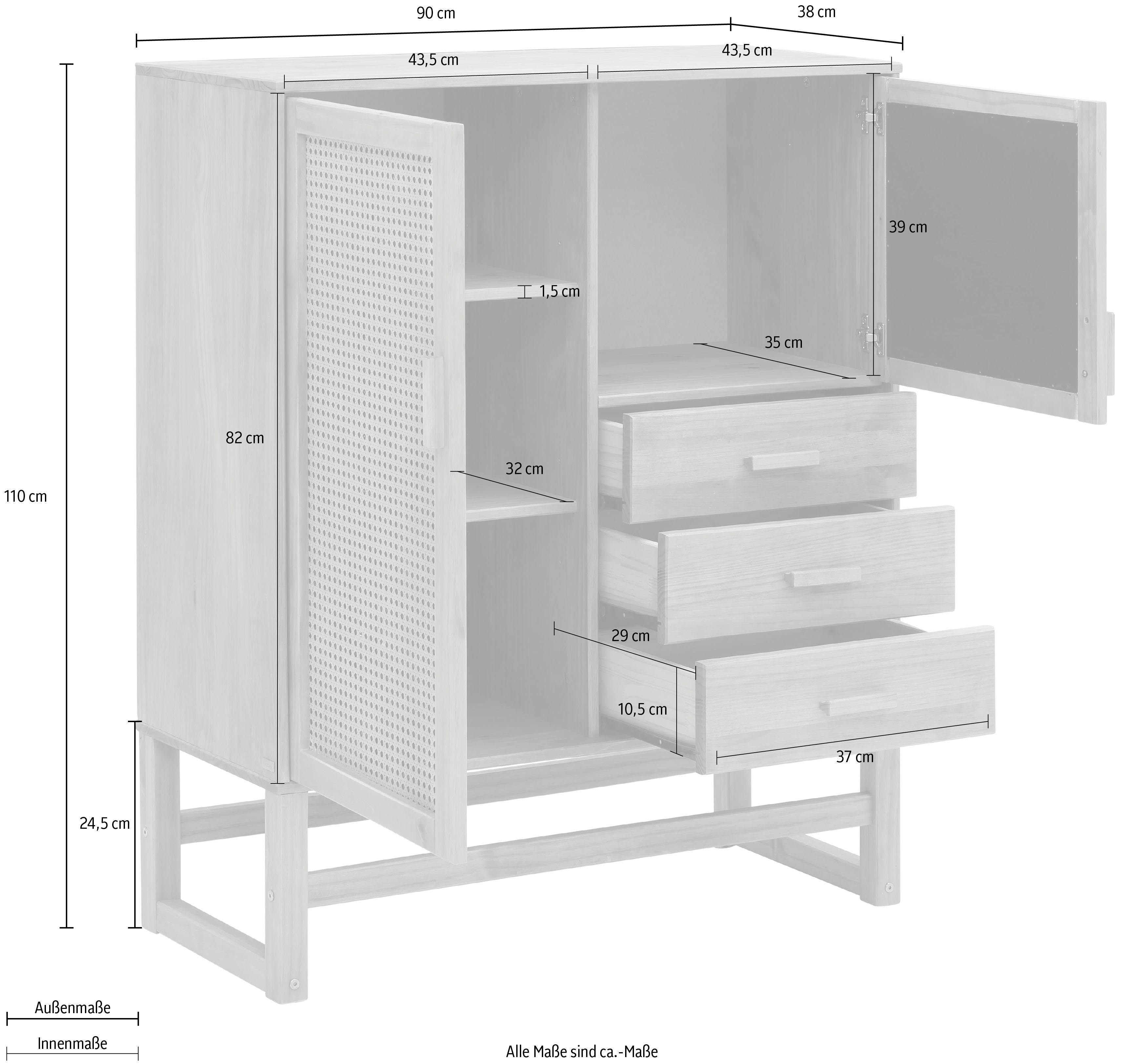 Home affaire Highboard Linz Opbergkast met rotan vlechtwerk op de deurfronten, massief hout