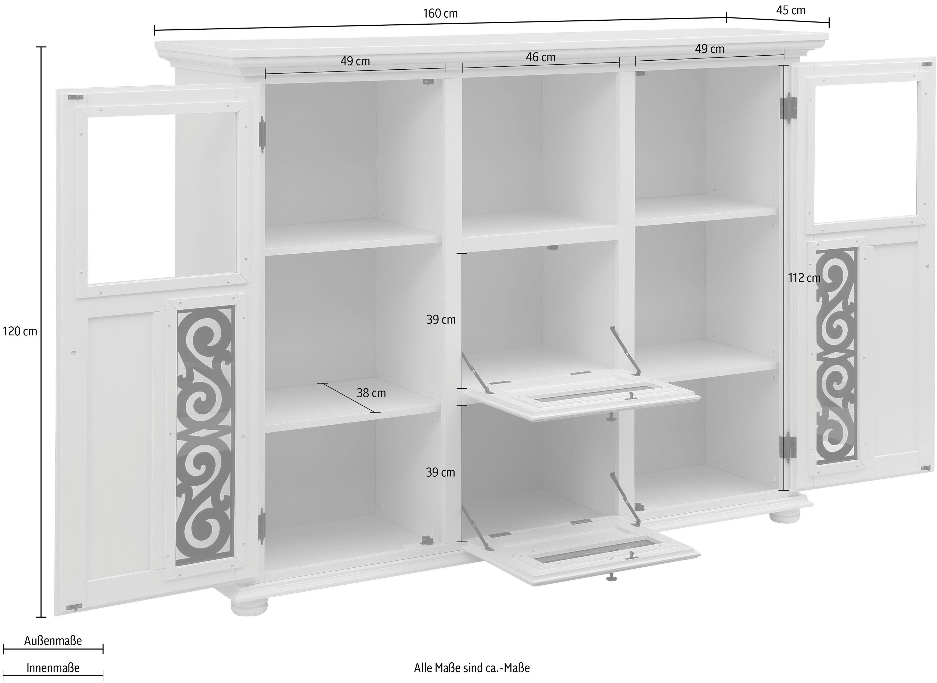 Home affaire Highboard Arabesk Vitrine met decoratieve frezingen, breedte 160 cm