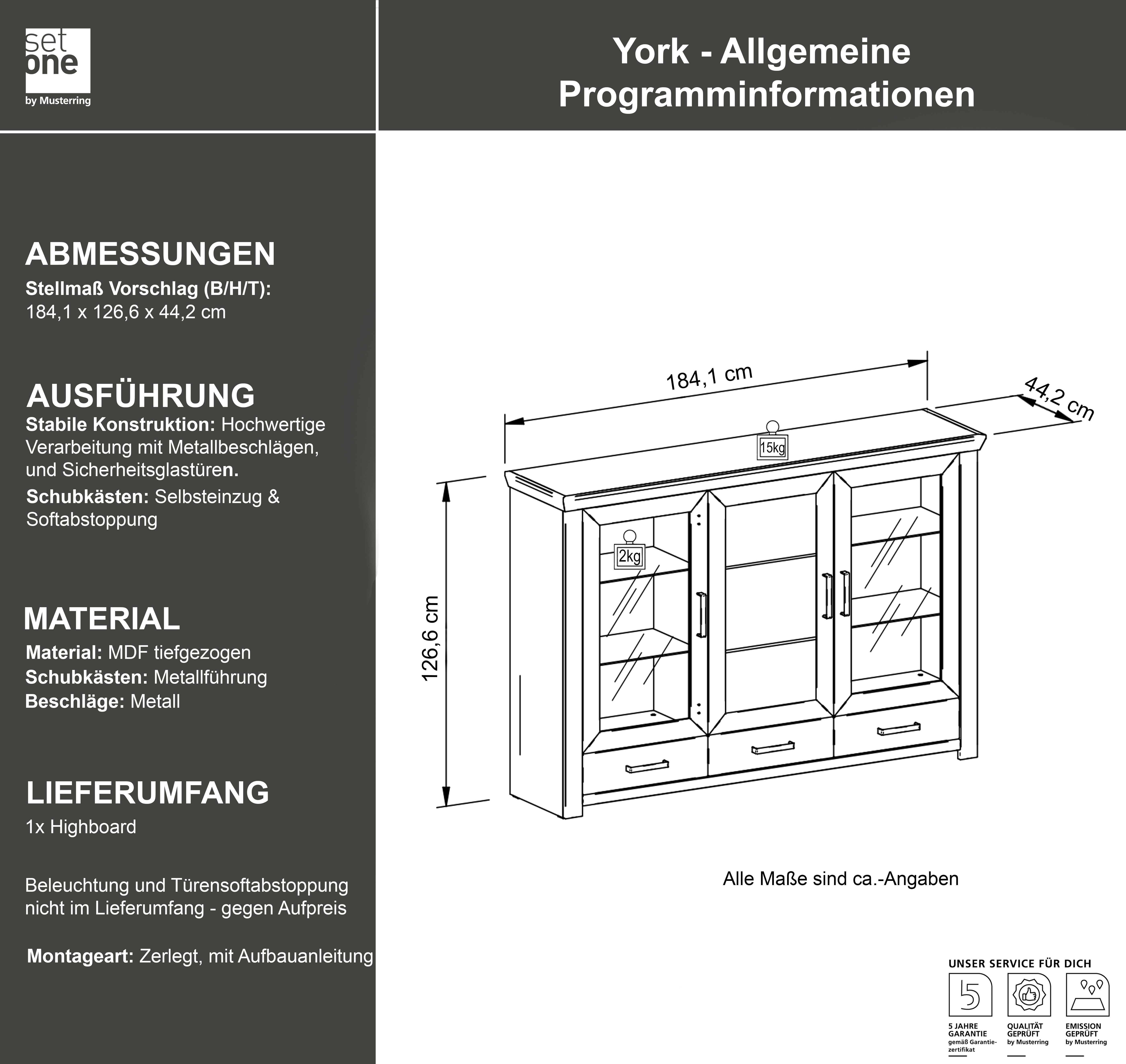 set one by Musterring Highboard York Type 57, met glazen deuren, veel opbergruimte, verlichting optioneel, B 184 cm