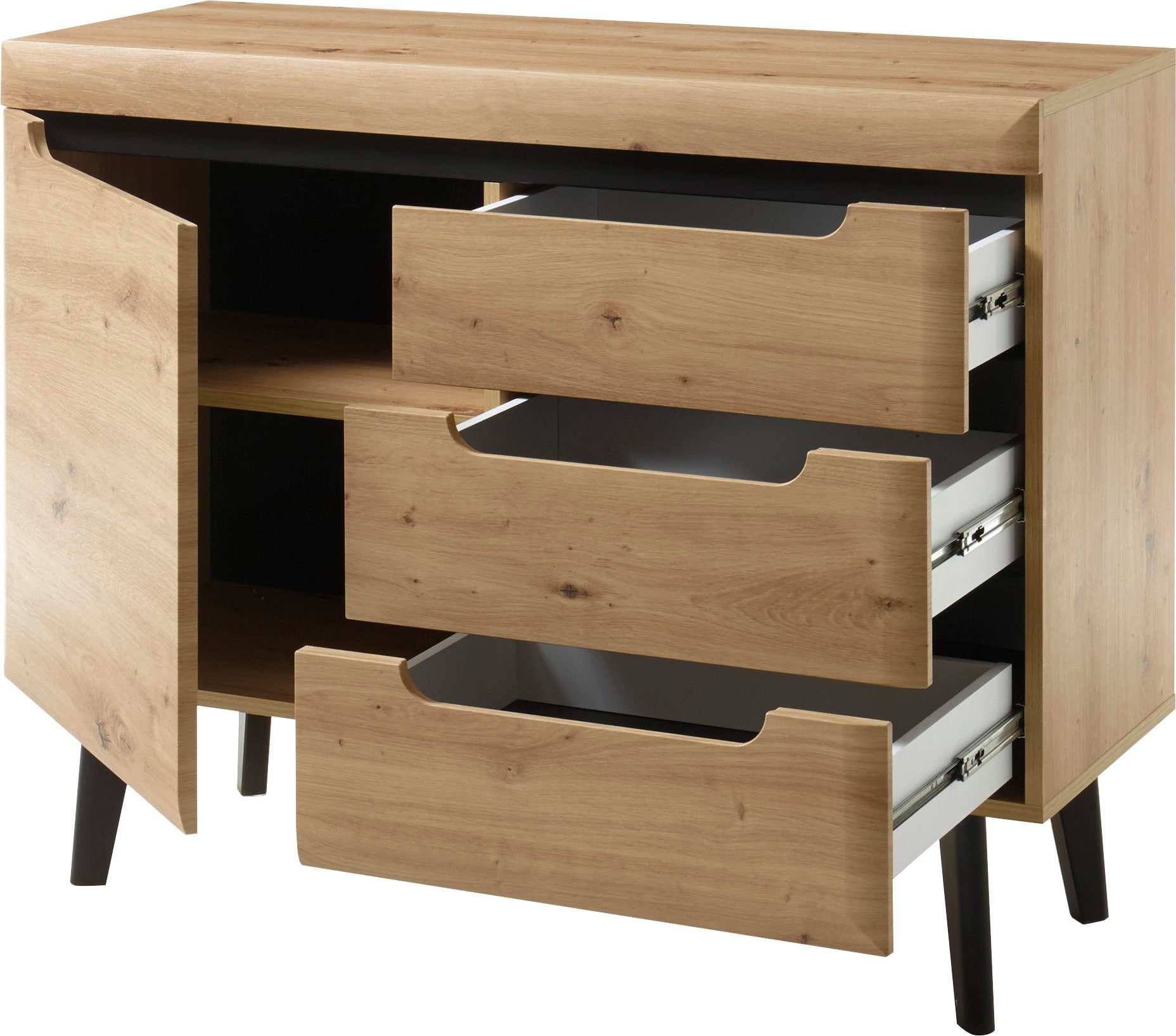 INOSIGN Dressoir Torge, dressoir, commode, ladekast afgeschuinde poten, drie kleuren, scandi design, 107 cm breed (1 stuk)