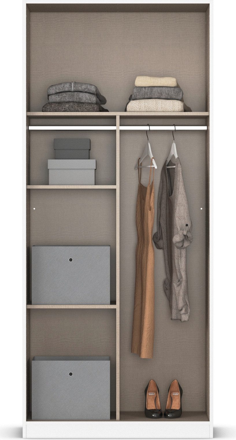 rauch Draaideurkast Reflect met spiegelfront, inclusief praktische interne indeling en stoffen dozen-set