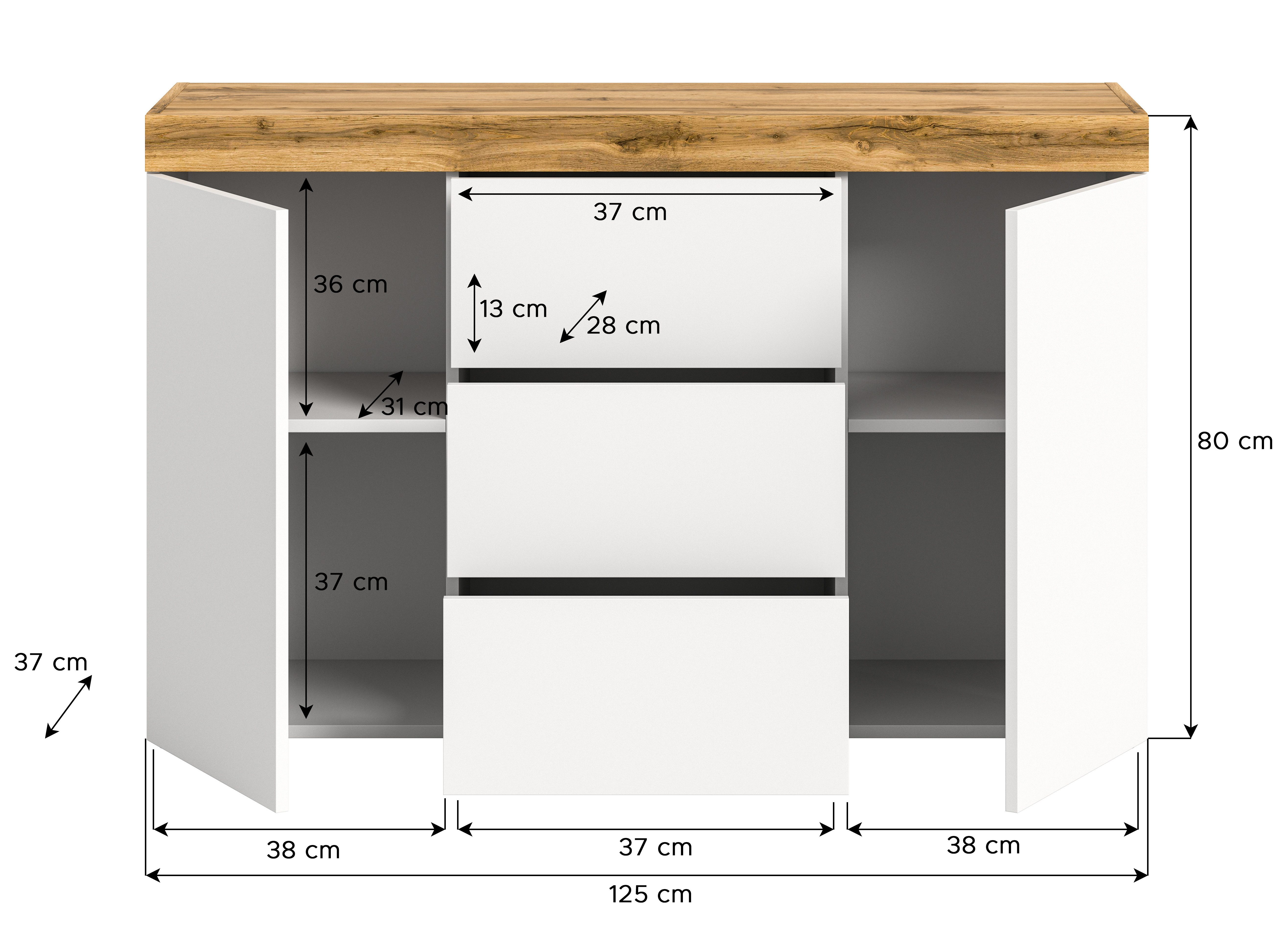 INOSIGN Dressoir Mambo, Breedte 125 cm, greeploze fronten, 2 Deuren, 3 Lades 2-kleurig, deuren met push to open, buffetkast, kast, commode, woonmeubel