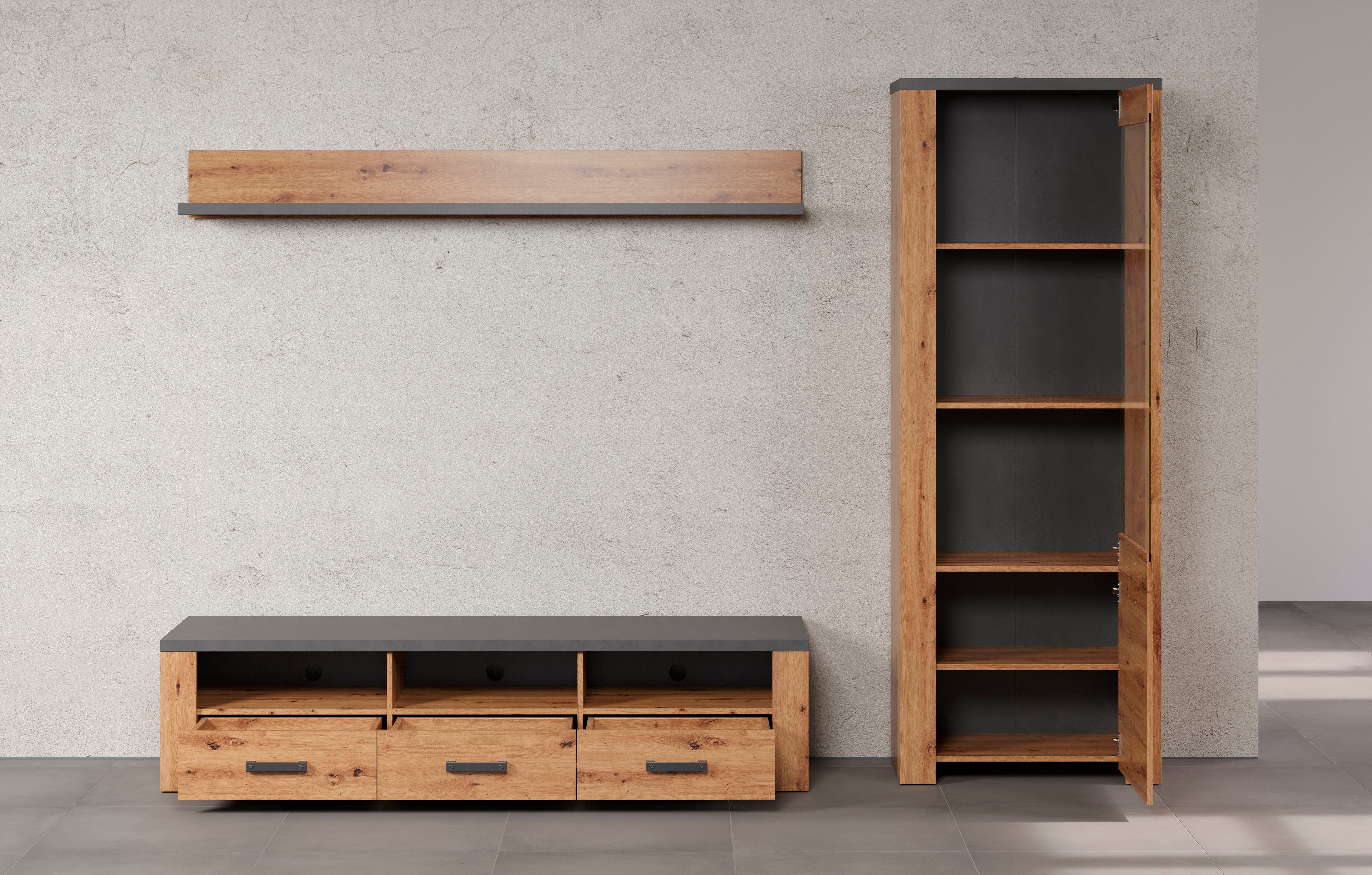Home affaire Tv-wandmeubel Ambres Kleine, moderne tv-set, look van echt hout, breedte ca. 268 cm, mat (3-delig)