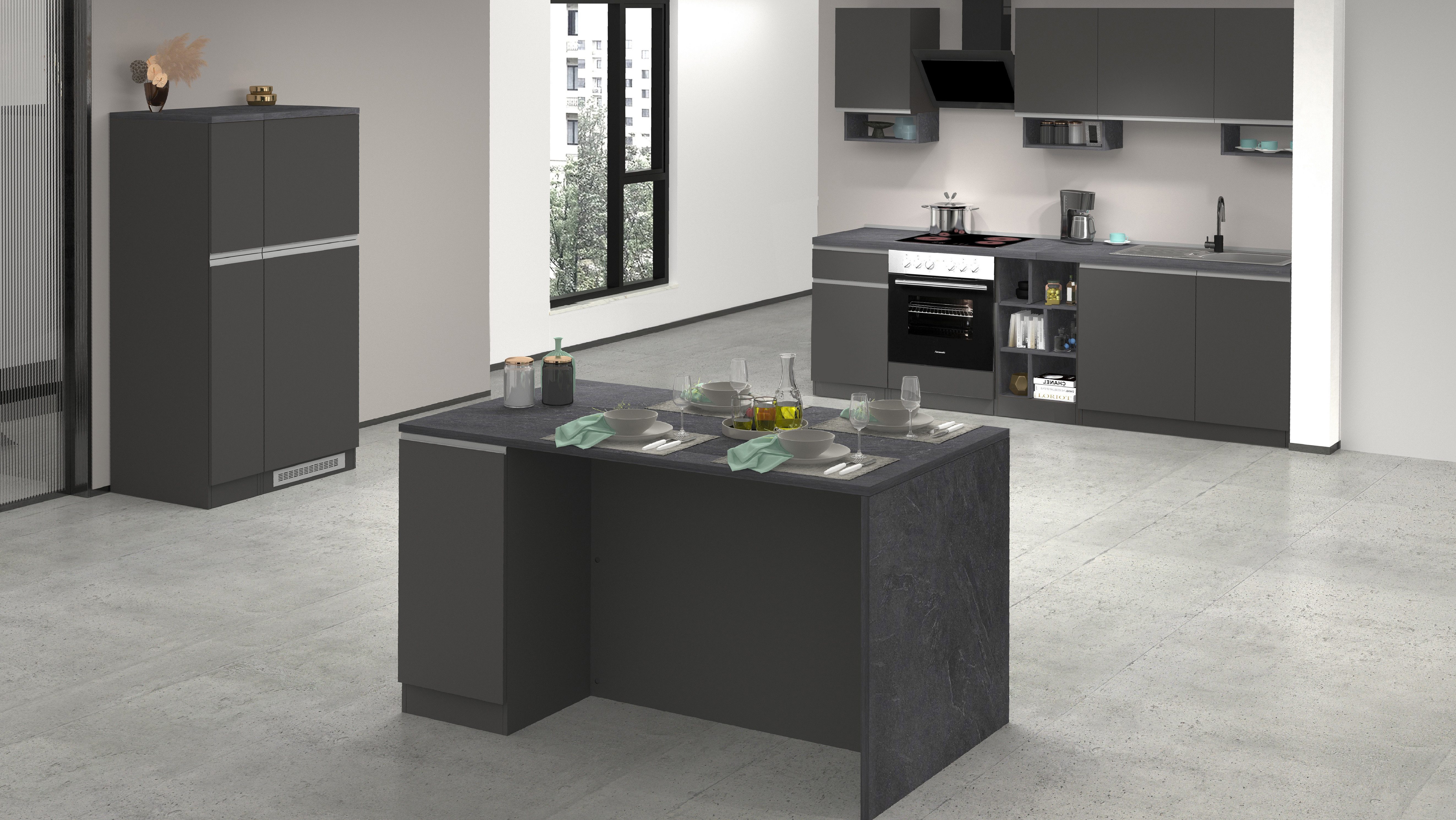 Kochstation Kookeiland Sole, kookeiland, keukenwerkblok, eilandkeuken, werk-eiland Breedte 160 cm met 2 deuren, 4 vakken, werkblad, aluminium handgreep