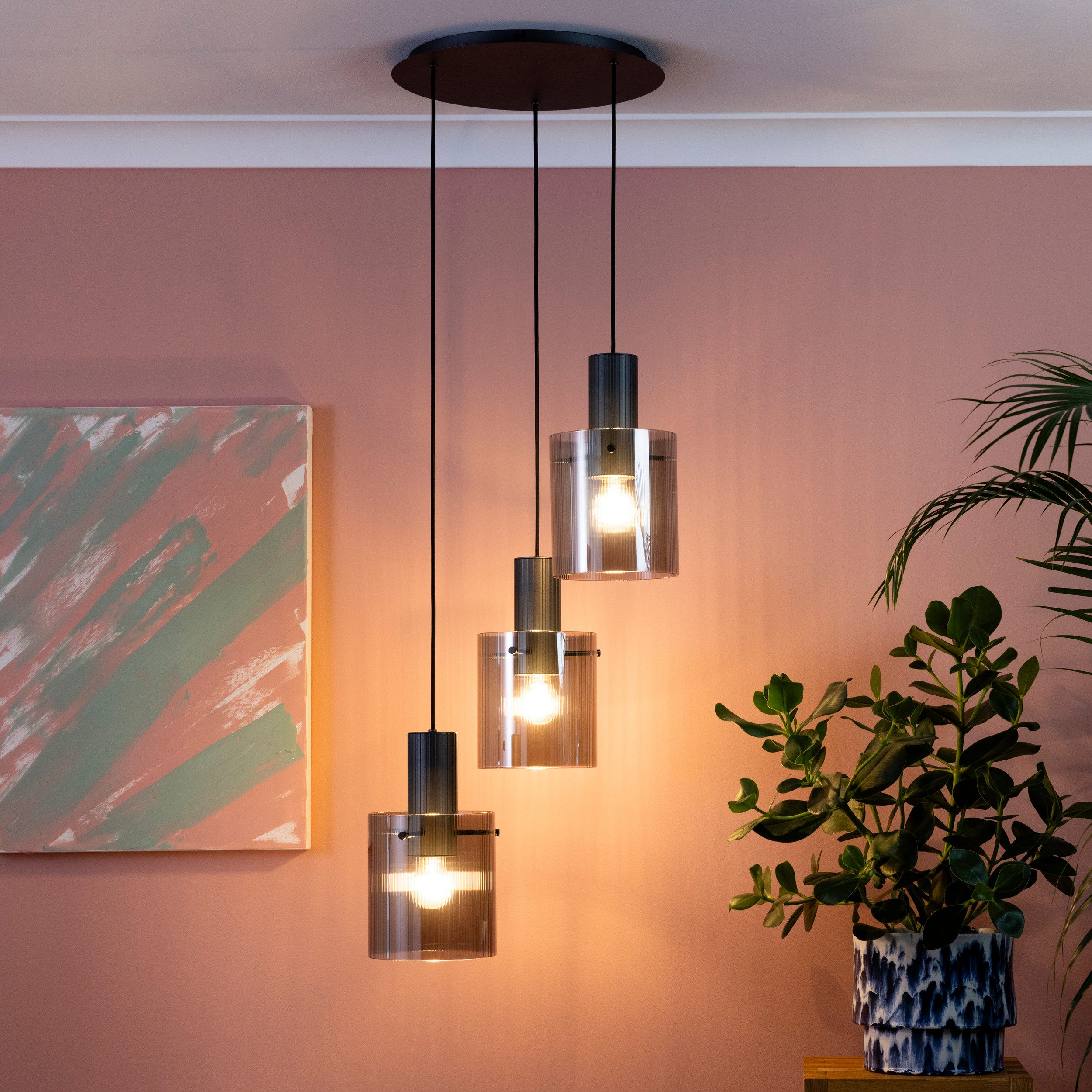 Brilliant Leuchten Hanglamp Riffelini 150 x 48 cm, 3x e27, inkortbaar, geribbeld rookglas, antraciet