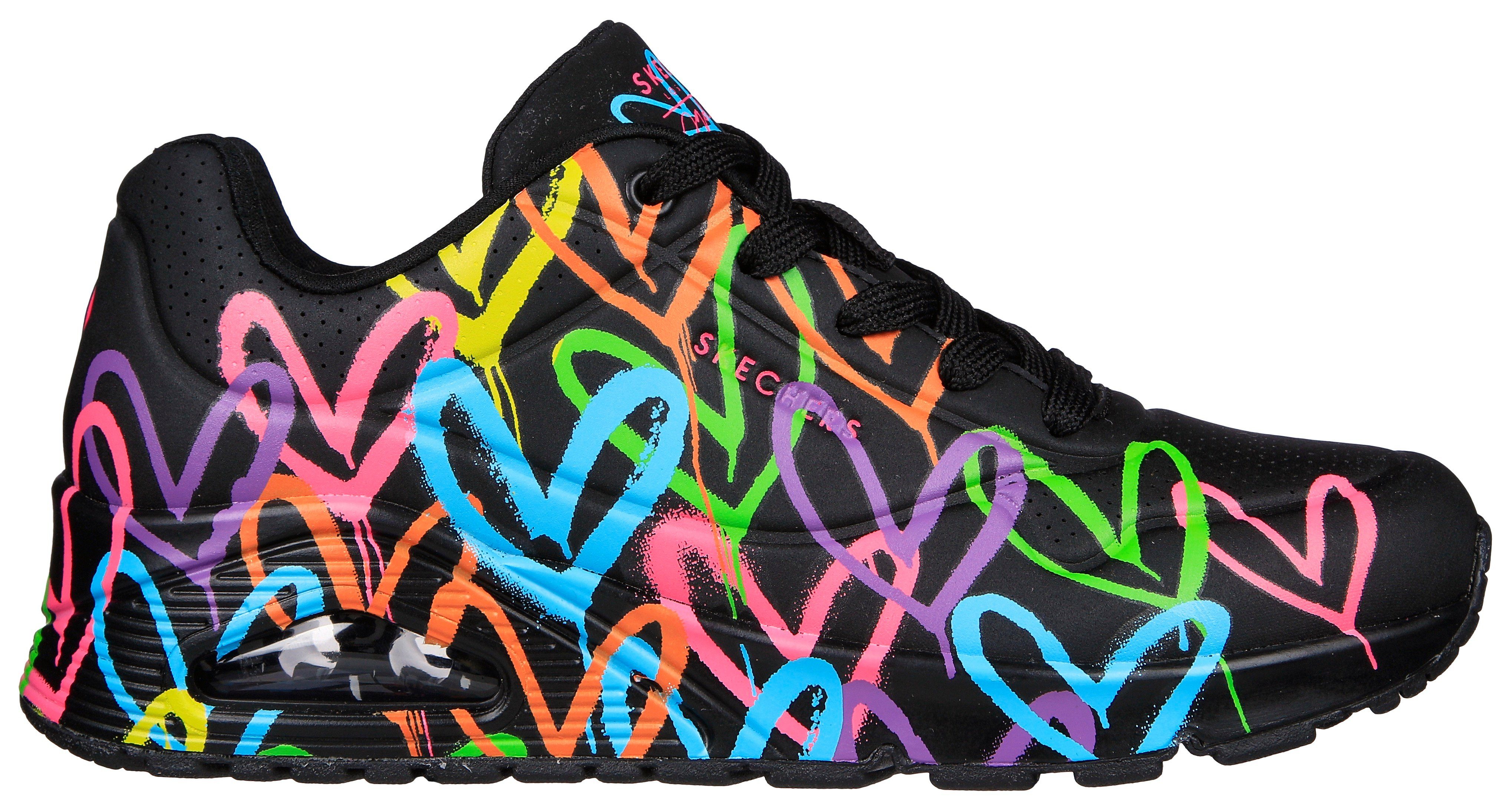 Skechers Sneakers UNO - HIGHLIGHT LOVE , vrijetijdsschoen, lage schoen, veterschoen met hartjes-print