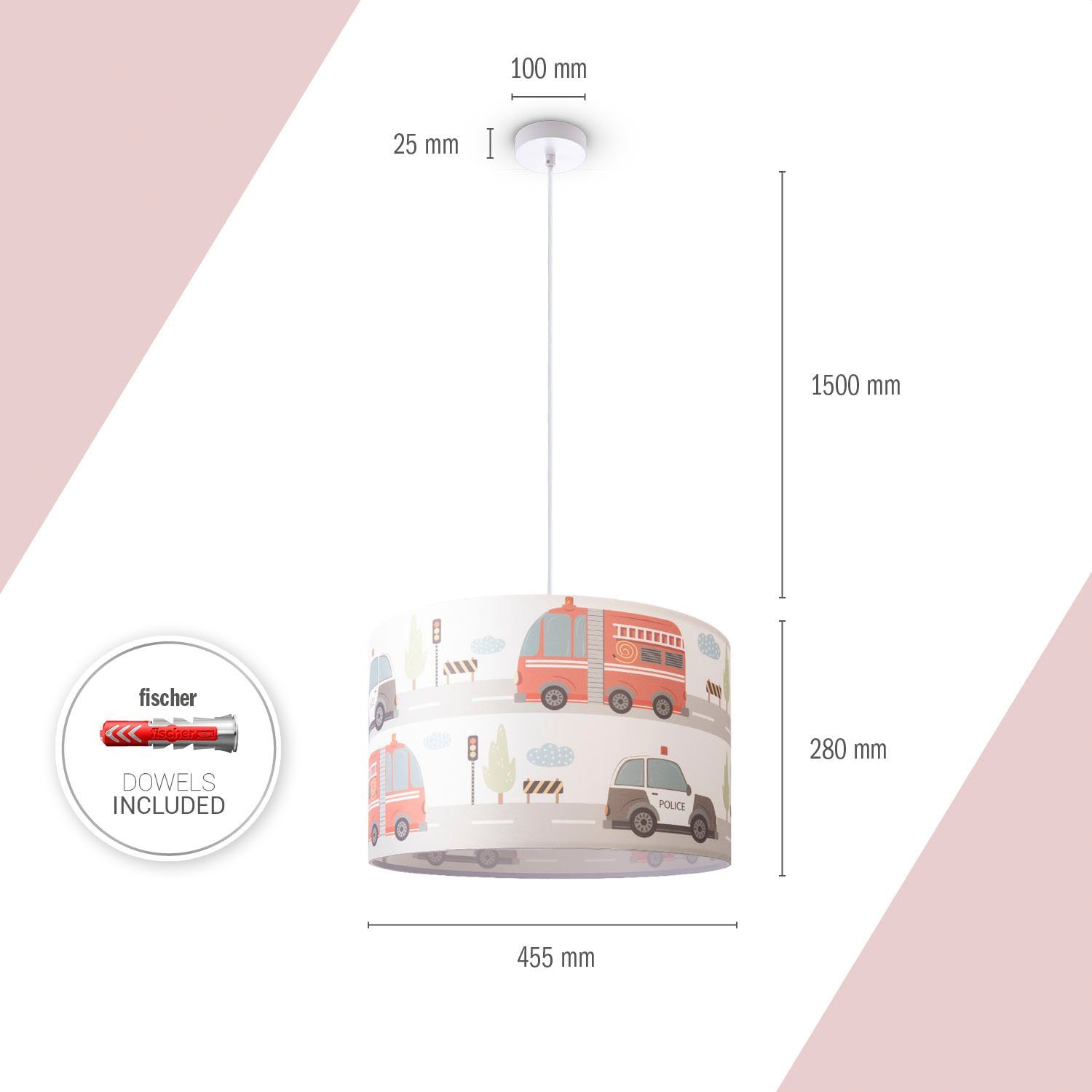 Paco Home Hanglamp Hugo Cabri Pendellamp kinderkamer aan plafond stof lampenkap brandweer politie