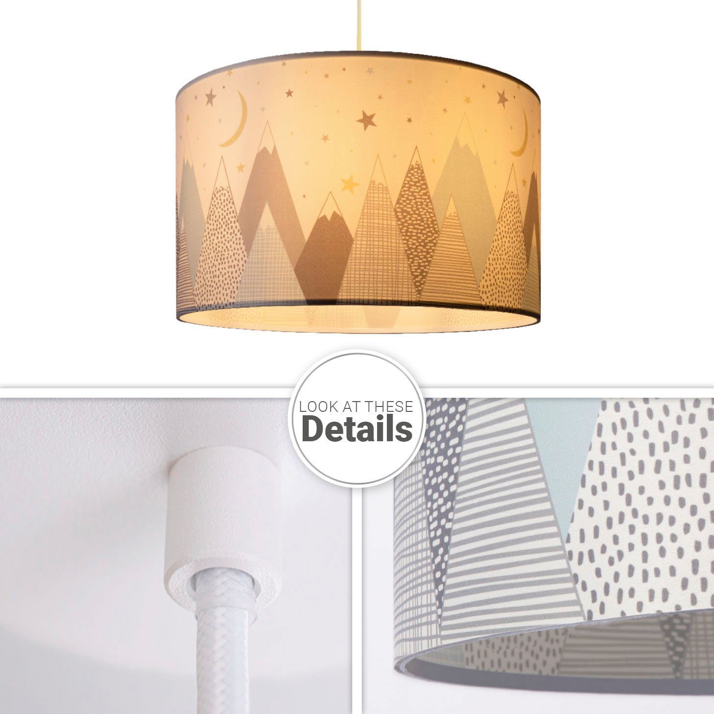 Paco Home Hanglamp Hugo Cosmo Pendellamp kinderkamer aan plafond stof lampenkap rond bergen sterren