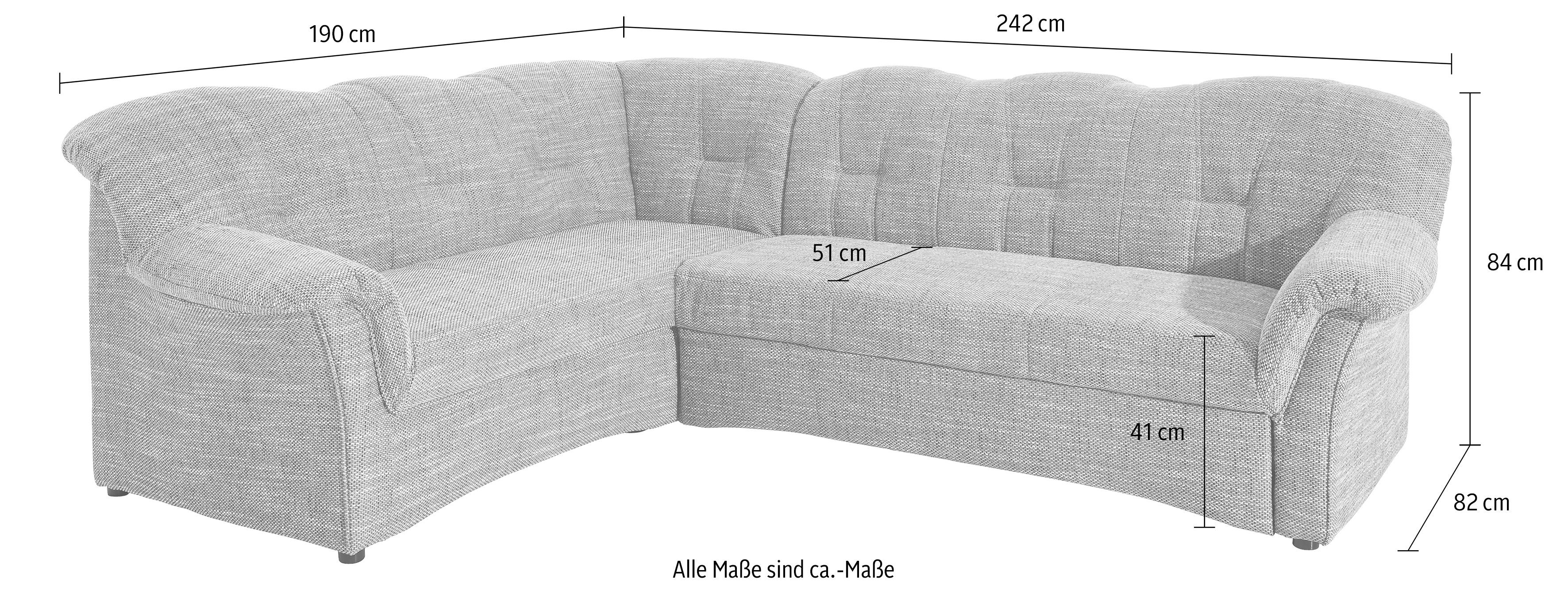 DOMO collection Hoekbank Papenburg B/D/H: 242/190/84 cm L-vorm naar keuze met slaapfunctie, lange zijde links of rechts