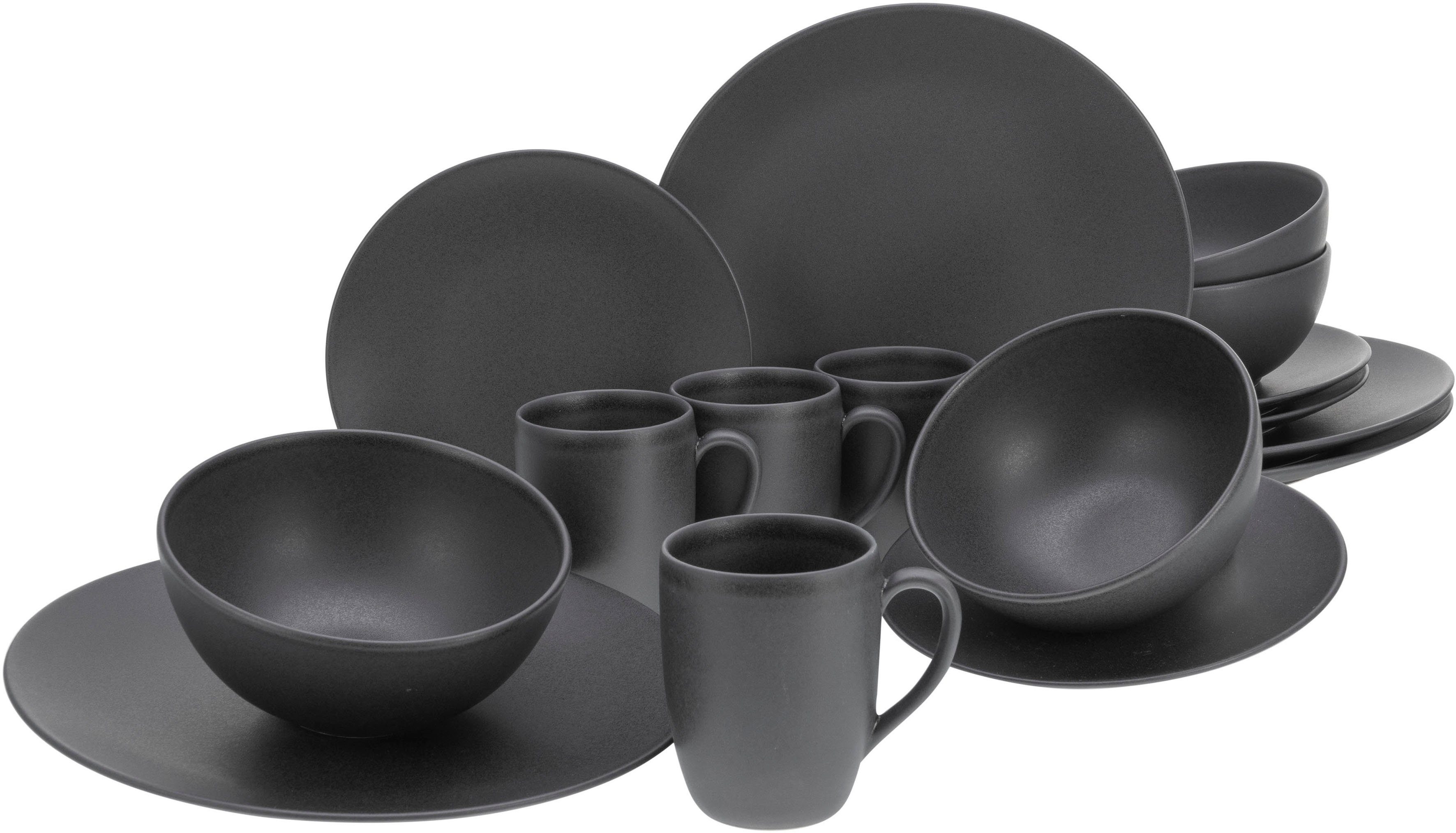 CreaTable Combi-servies Servies-set Soft Touch Black Servies, zwart, zijdemat glazuur, 16 delen, voor 4 personen (set, 16-delig)