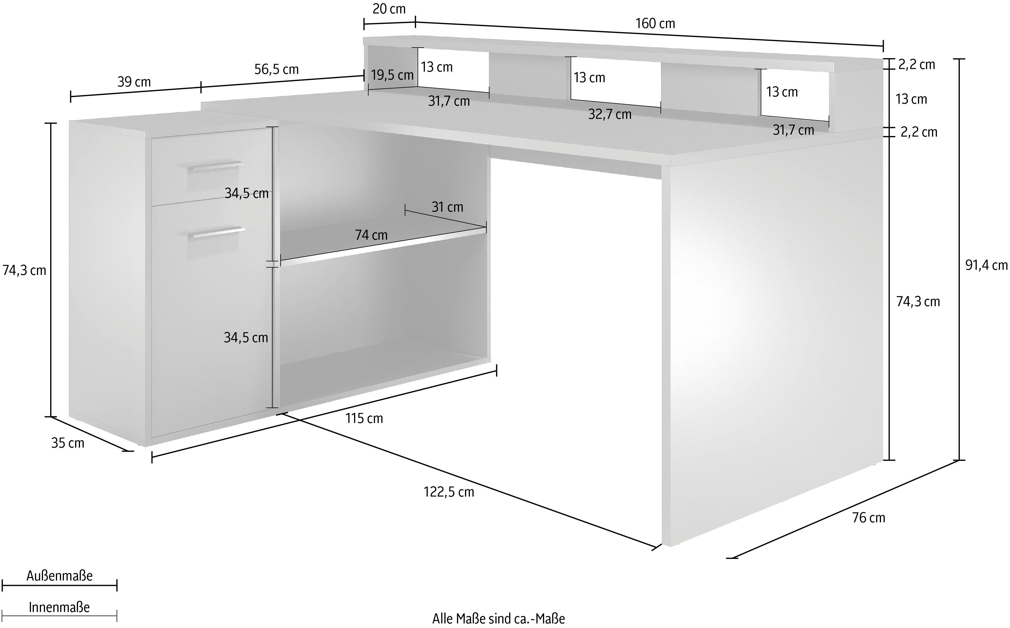 INOSIGN Bureau CHESTER Gamingtafel met lowboard - werktafel afmetingen (B/D/H) 160/115/92 cm (2 stuks)