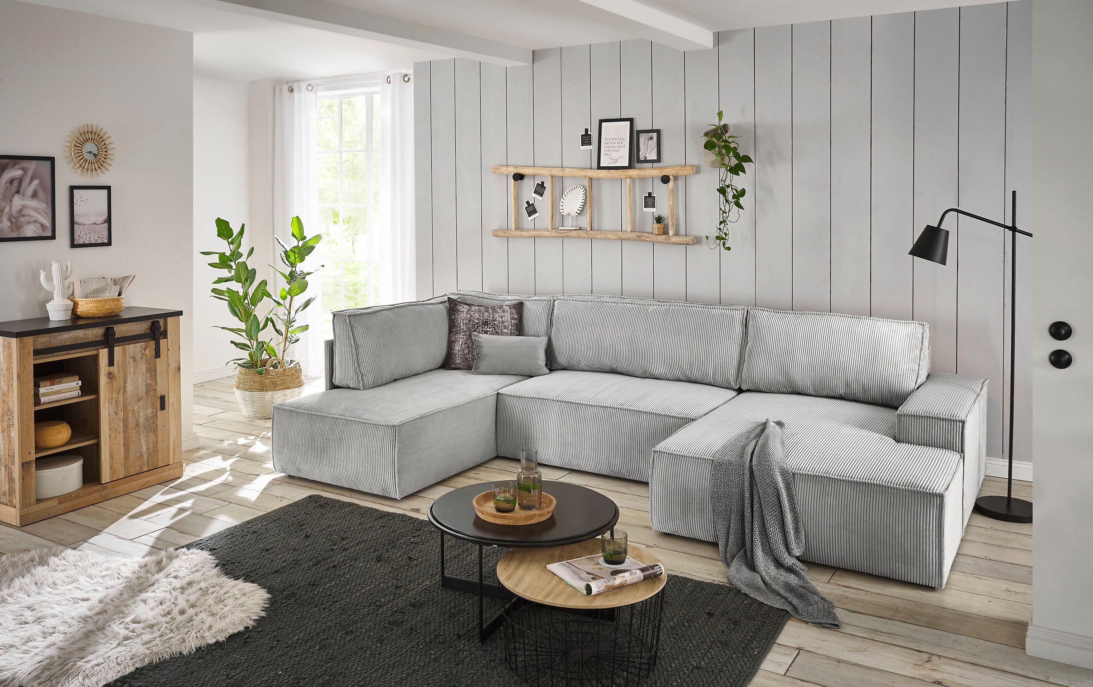 Home affaire Zithoek SHERWOOD 329 cm, U-vorm, slaapbank, Slaapfunctie met bedkist (194x139 cm), cord, vintage, fluweel