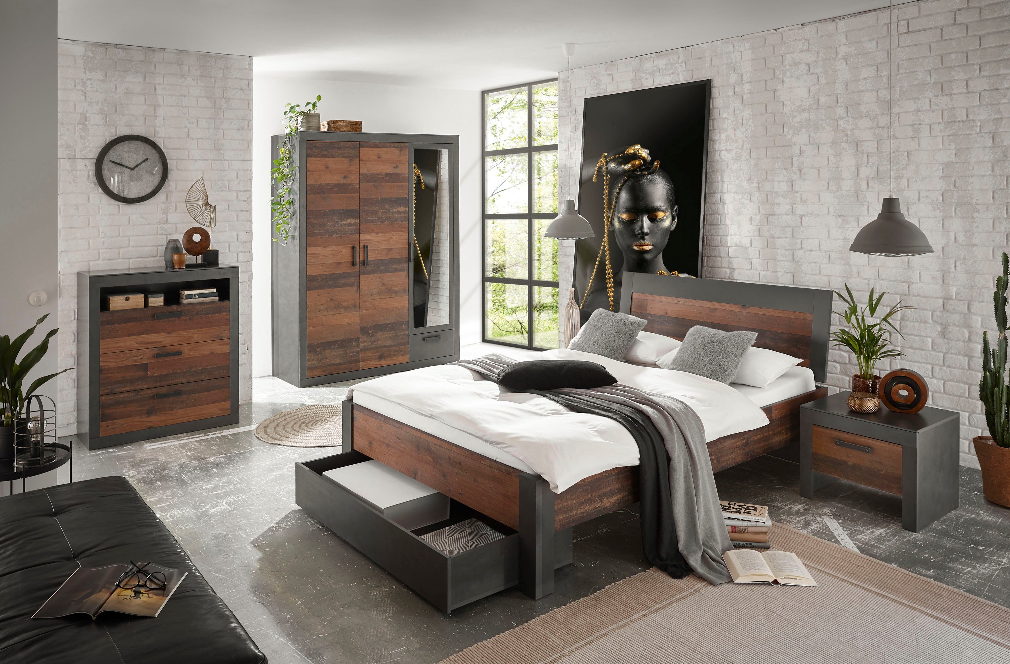Home affaire Slaapkamerserie Brooklyn Bed met houten hoofdbord en lade (set, 5-delig)