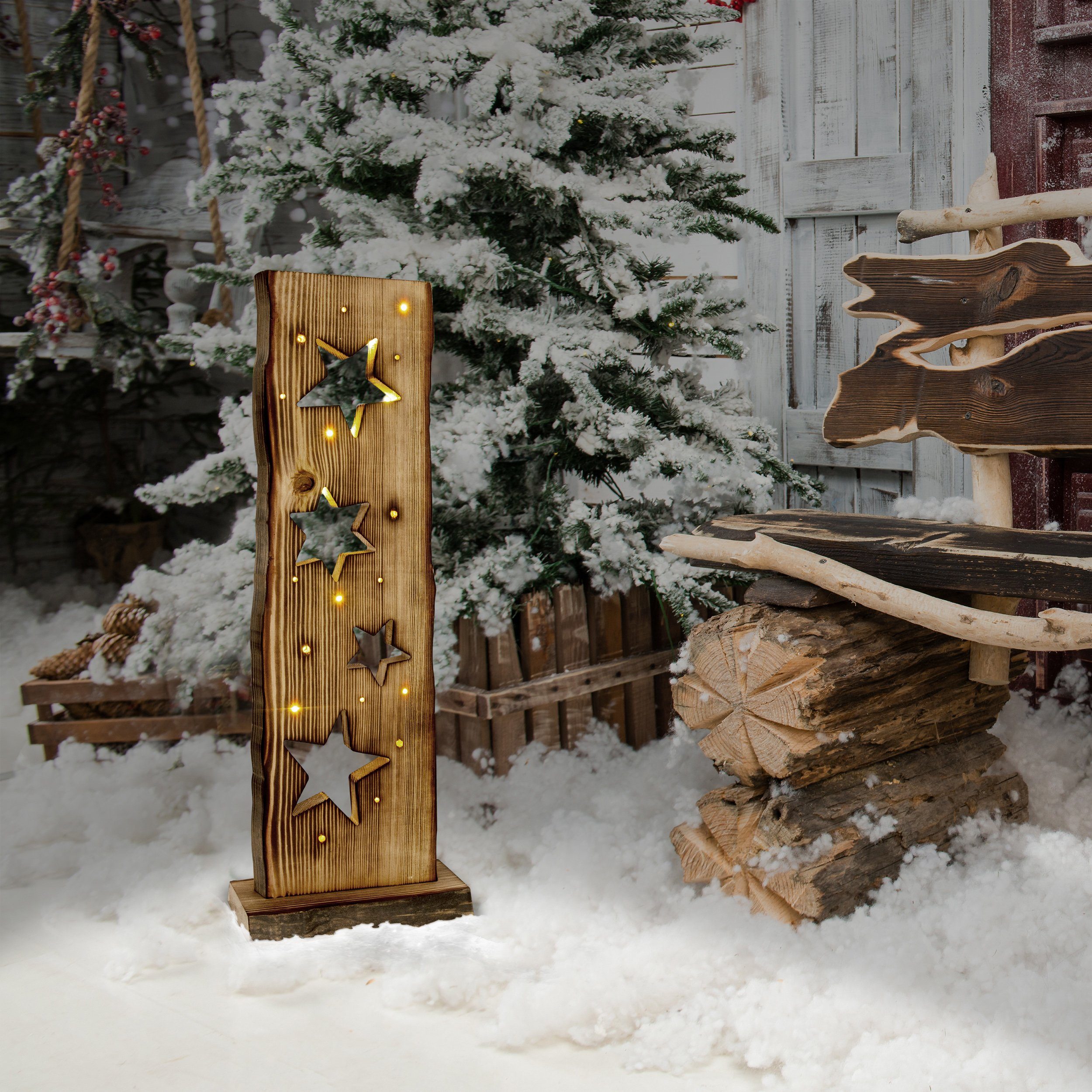 näve Led-tuinlamp Houten led-kerstverlichting met stermotief, kerstversiering buiten incl. 23x leds 2800k,incl. batterijvak met timerfunctie (6on/18off)