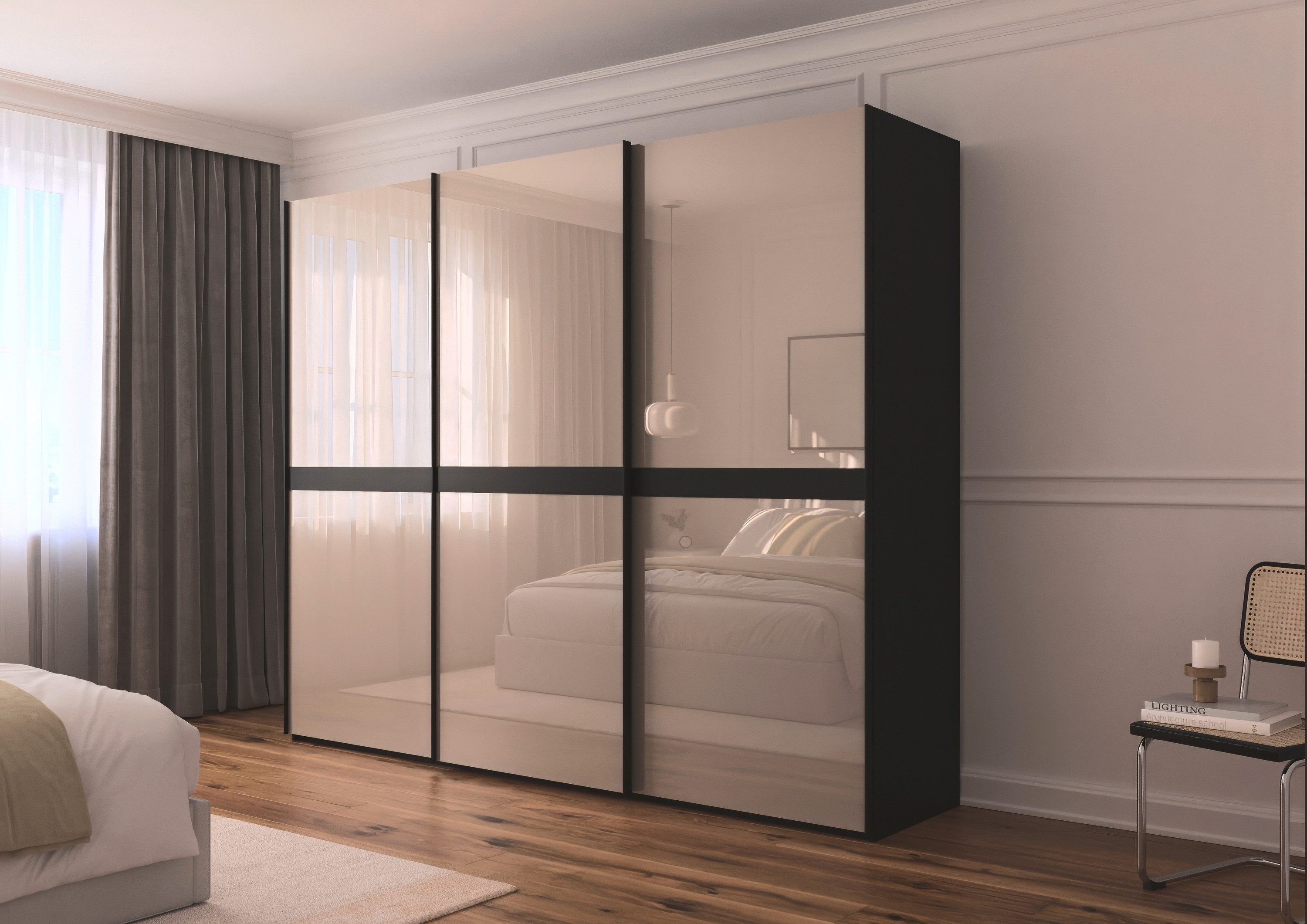 rauch Schuifdeurkast Kledingkast kast garderobe slaapkamerkast SCALE-LINE edel uiterlijk met buikband in corpuskleur met glasfront made in germany