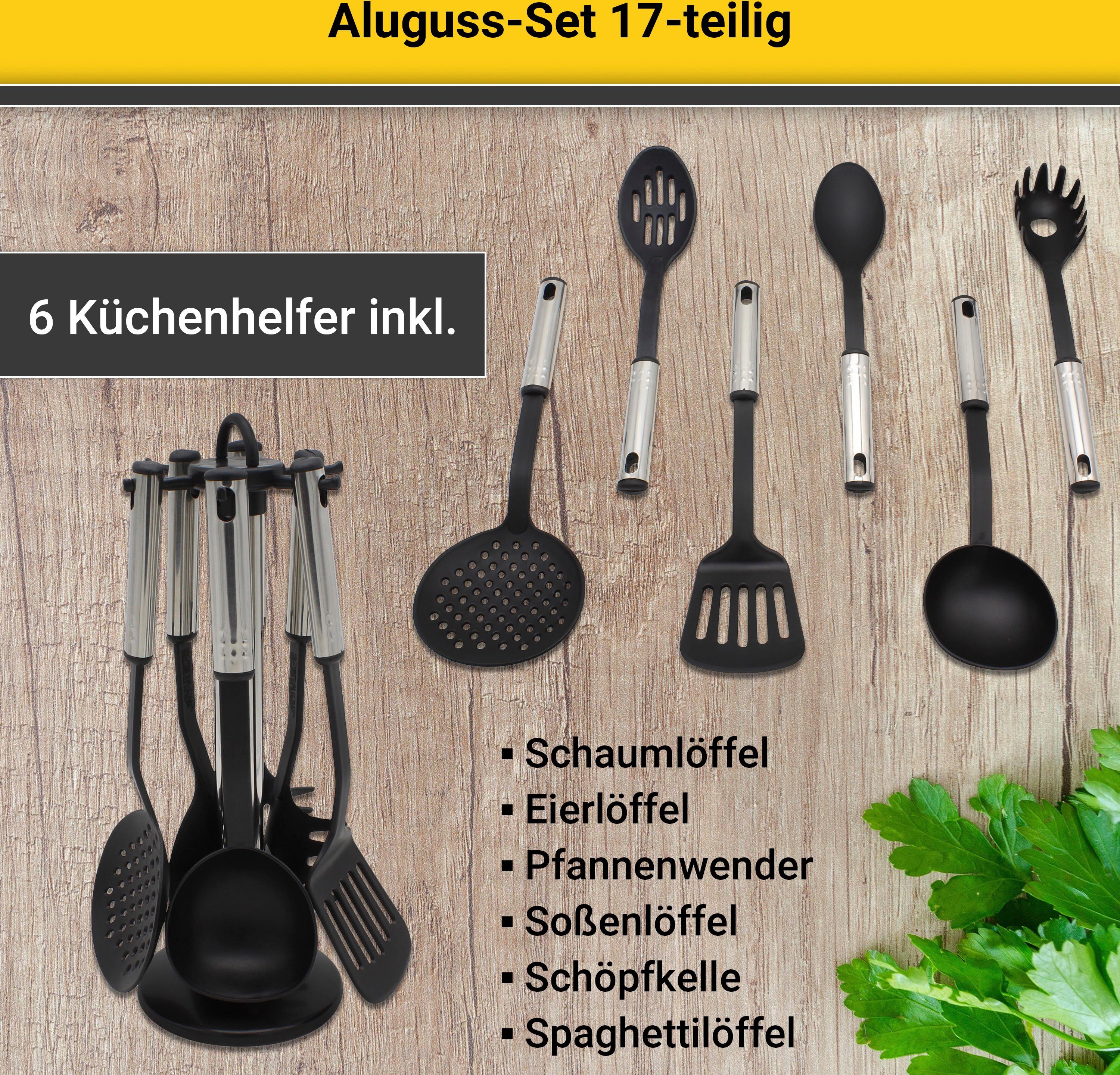 Krüger Pannenset Aluminium pot- en pan-set inclusief praktische keukenhulpmiddelen, 17-delig. (set)