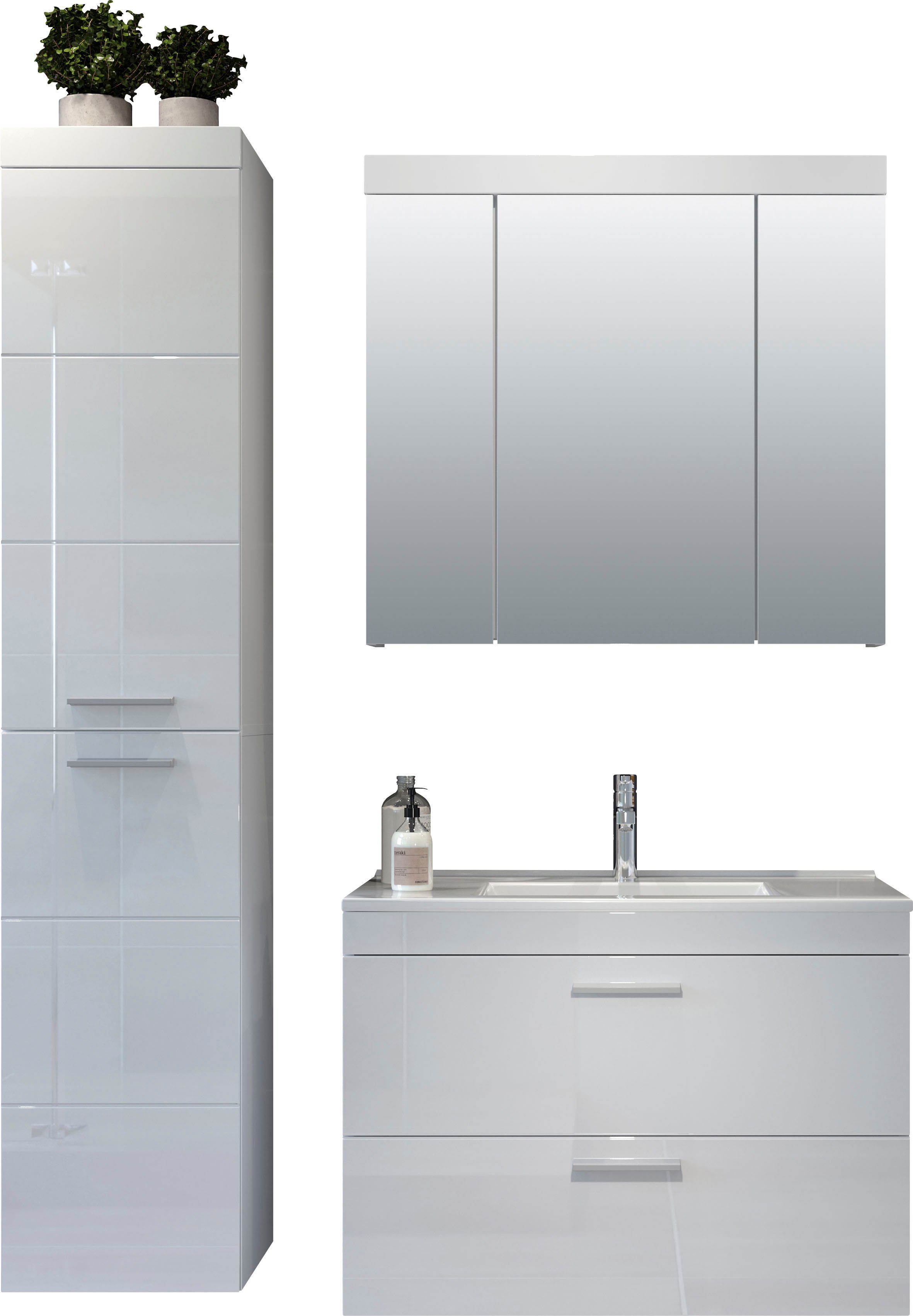 welltime Badkamerset Dormoletto Hangende badkamermeubels met inbouwwastafel in wit hoogglans (4-delig)