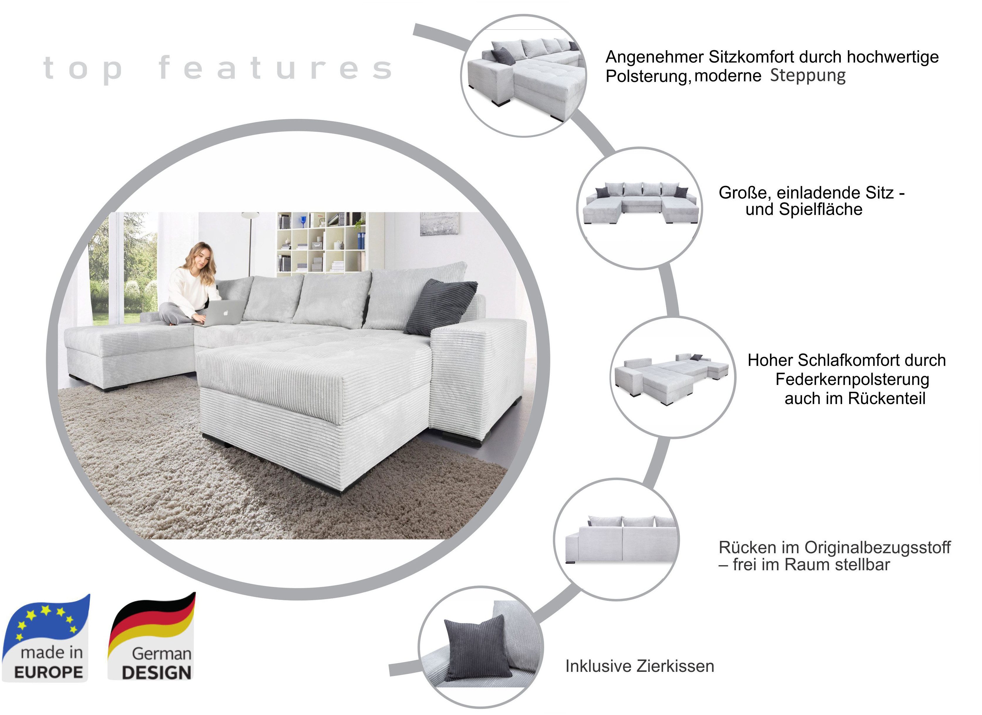 COLLECTION AB Zithoek Josy XL U-vorm, B: 313 cm in Cord, Cord-Mix met bedfunctie, bedlade & 2 sierkussens, vering