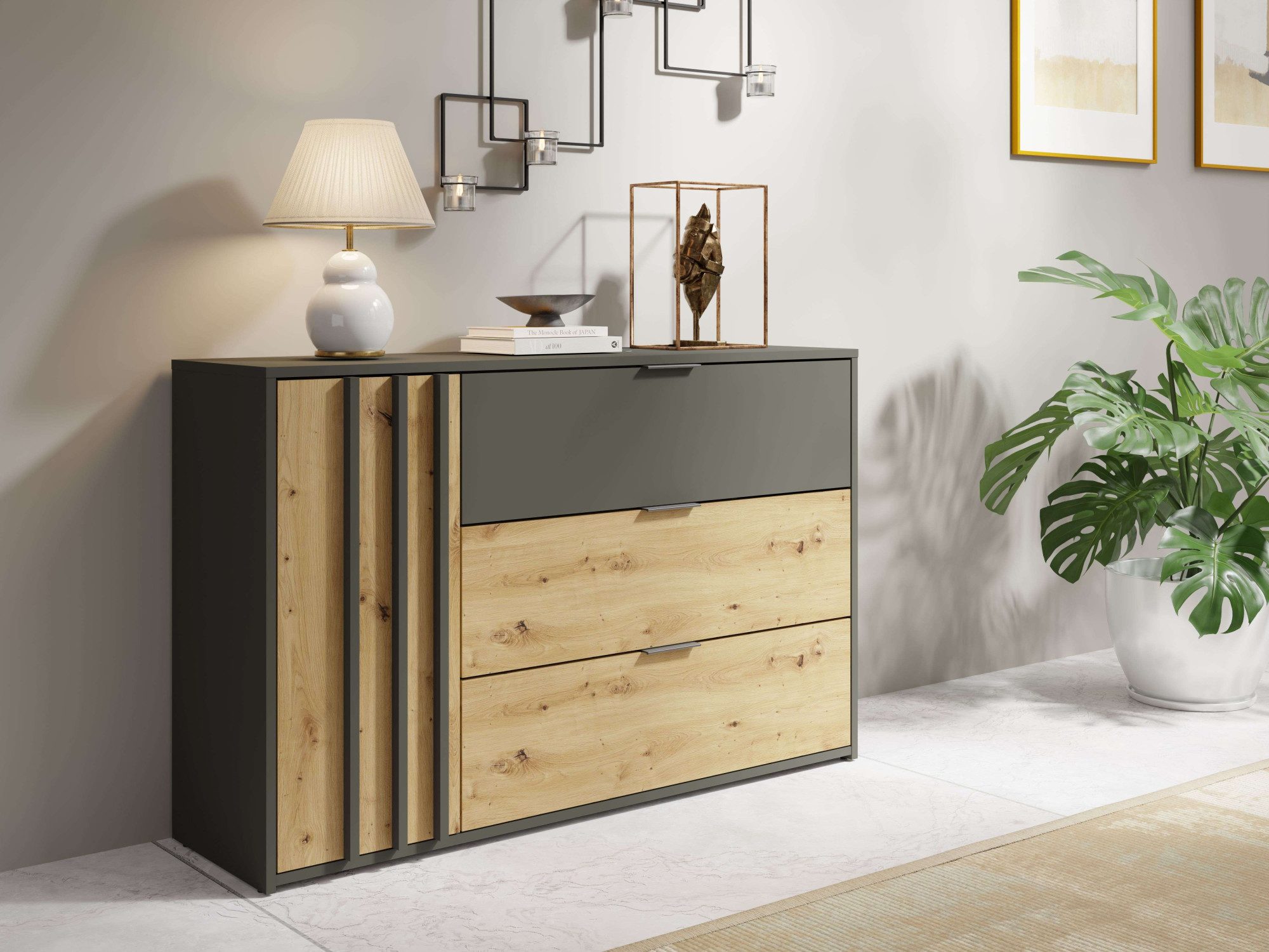 INOSIGN Kast Commode Loreto met 3 lades en een deur, B/D/H 125/36/80 cm dressoirs grijs