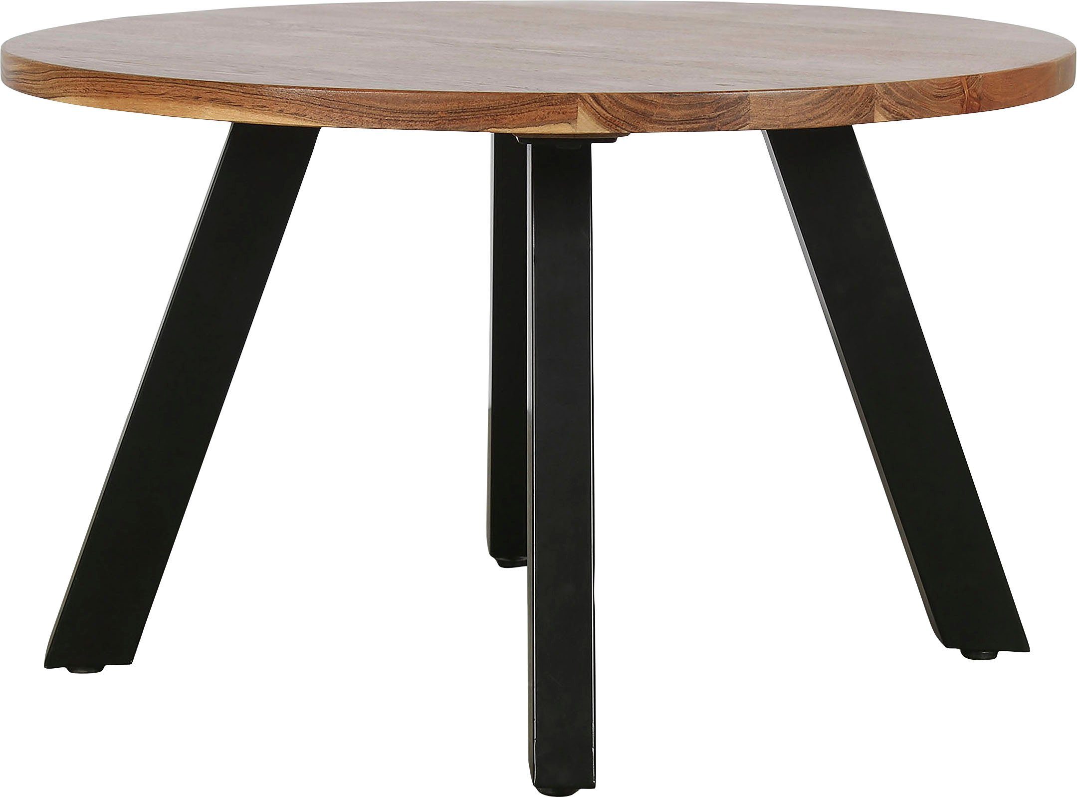 byLIVING Salontafel Ulm met massief acaciahout - plaat en zwarte metalen frame, rond 75 cm.