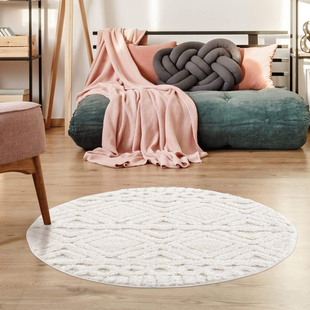 Carpet City Hoogpolig vloerkleed Focus 3382 Boho-tapijt, hoog-laag patroon / 3D-effect, voor woonkamer, slaapkamer moderne vloerkleden maat Ø 200 cm