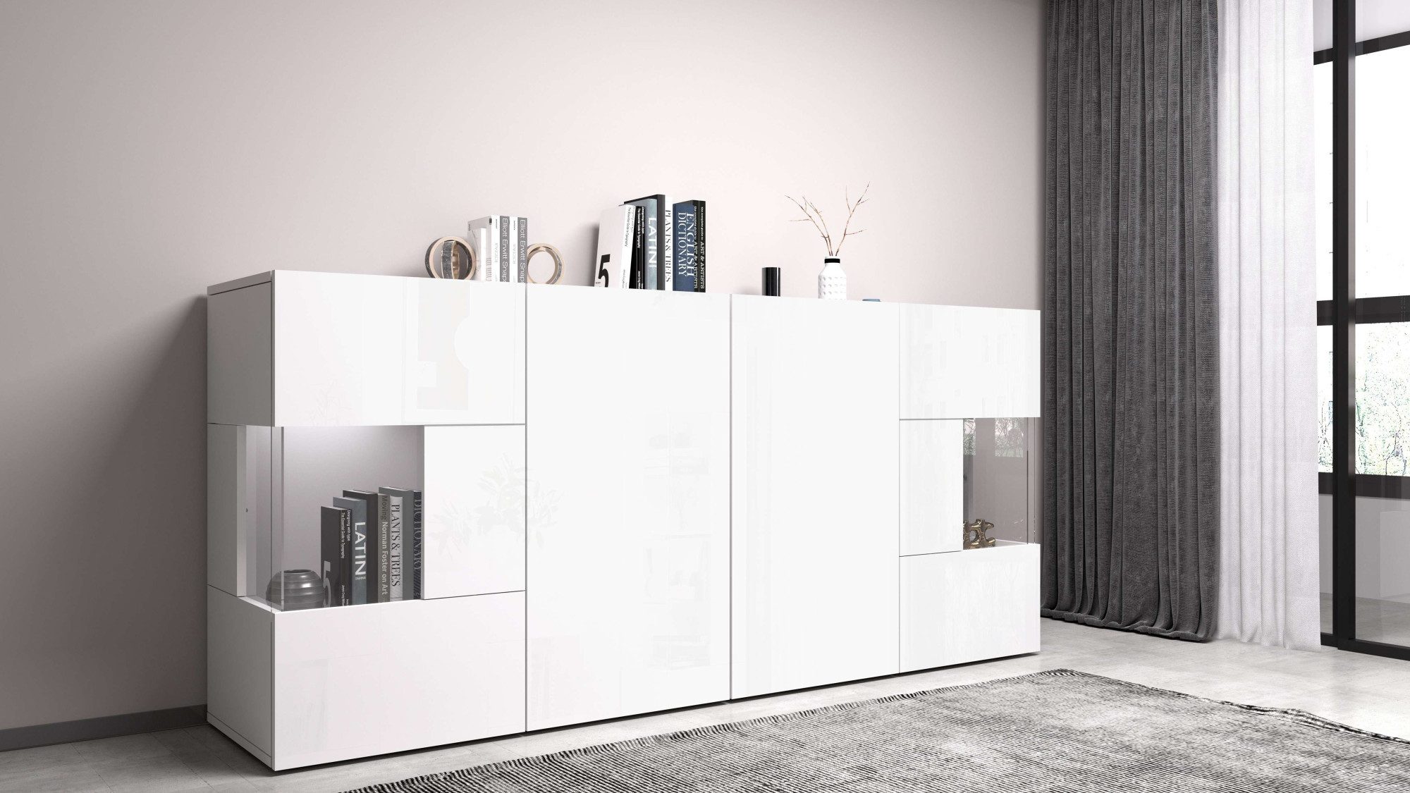 INOSIGN Dressoir Egypte, Ladekast, Kast, Buffet, Vitrine greeploos 4 deuren waarvan 2 met glas inzet, compleet hoogglans gelakt, breedte 180
