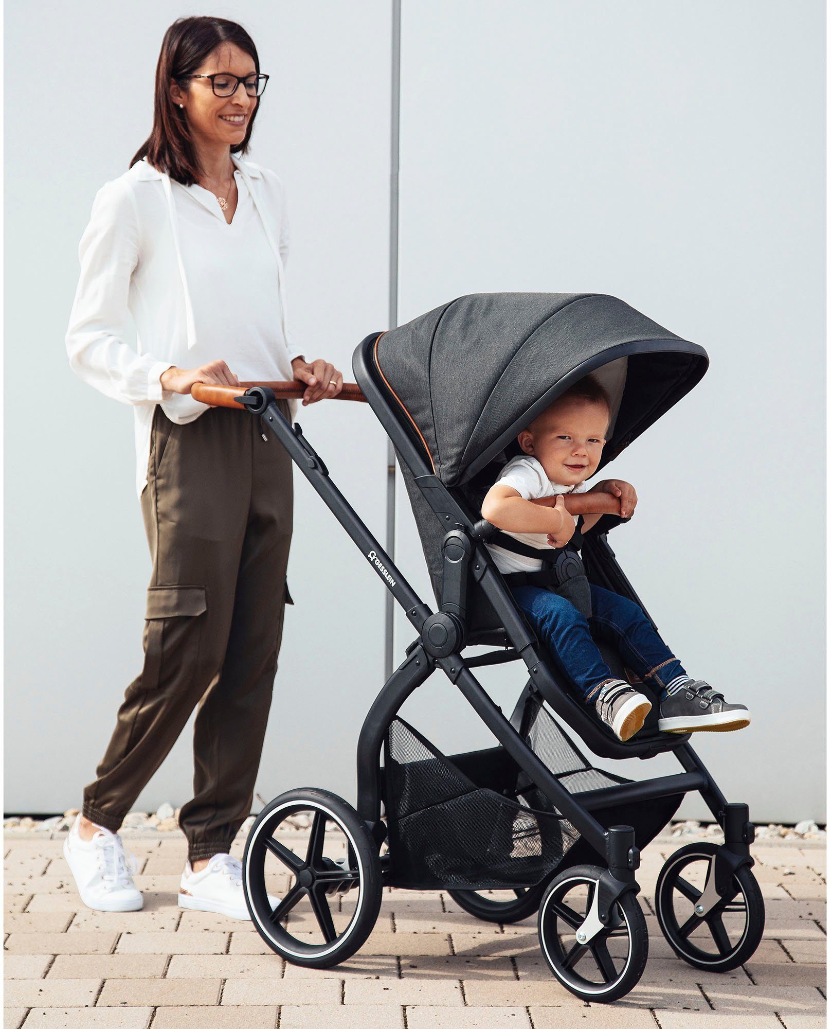 Gesslein Combi-kinderwagen FX4 Soft+ met opzetstuk Life, zwart/cognac, donker olijf