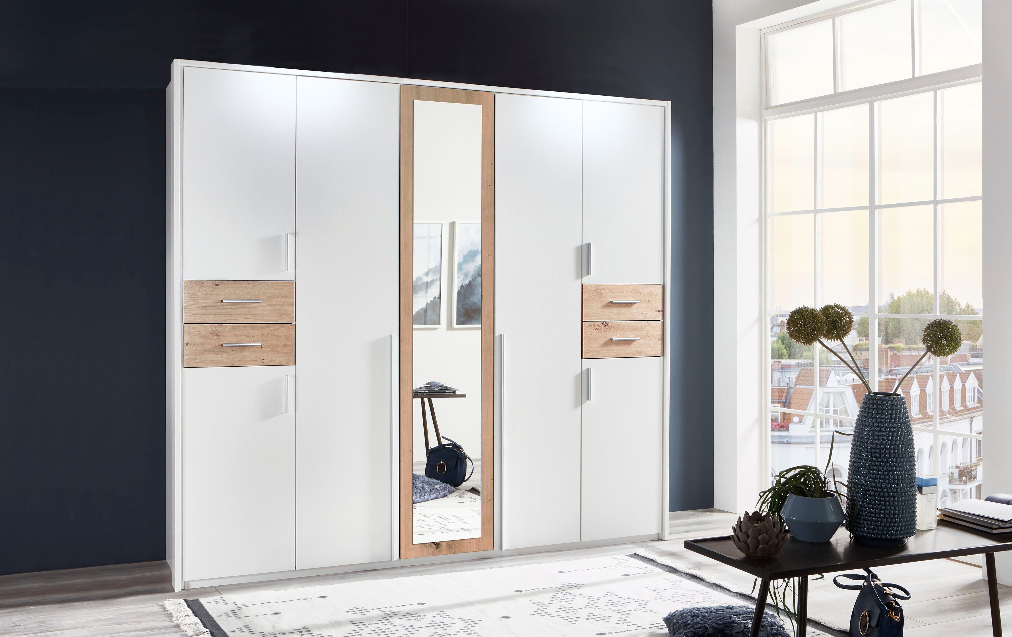 Wimex Draaideurkast Vegas inclusief passepartout frame, met spiegeldeuren en laden kledingkasten maat 228 cm x 210 cm x 58 cm wit